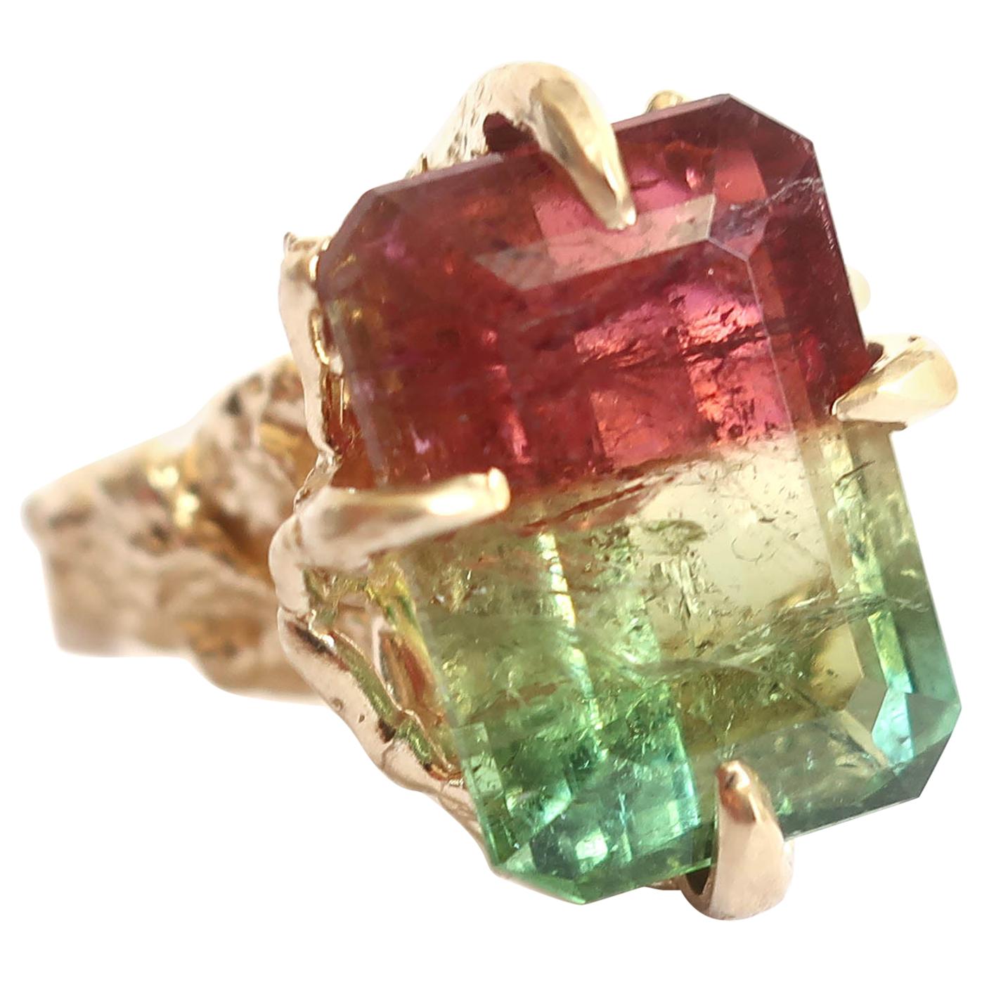 Tri Color Red, Yellow and Green Tourmaline Cocktail Ring in 14 Karat Gold