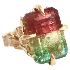 Tri Color Red, Yellow and Green Tourmaline Cocktail Ring in 14 Karat Gold