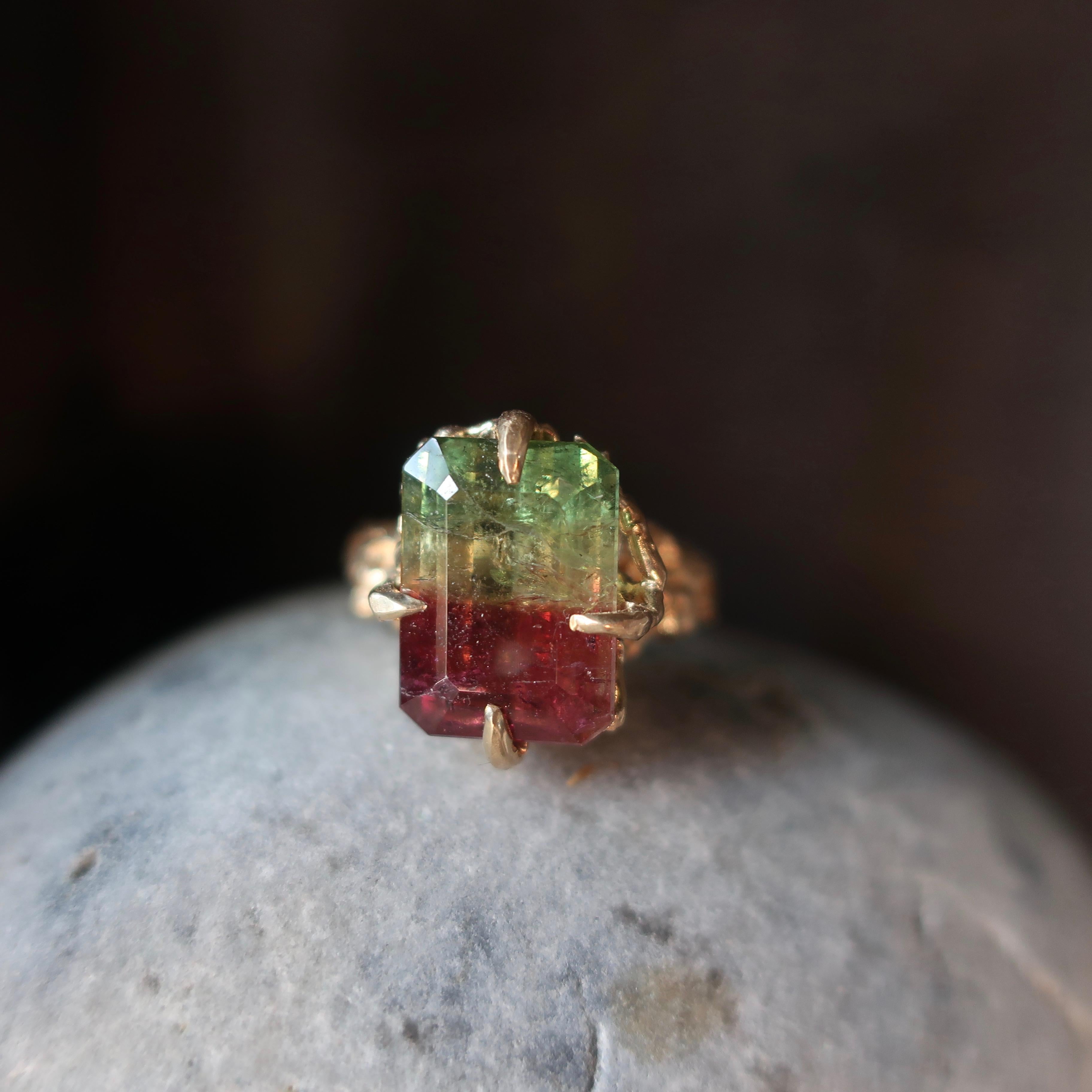 A beautiful emerald cut tourmaline in green yellow and red sits in a beautifully crafted solid 14k yellow gold setting. This three color tourmaline is from the Cruzeiro Mine, Brazil and weights 7.46 carats. Completely one of a kind statement