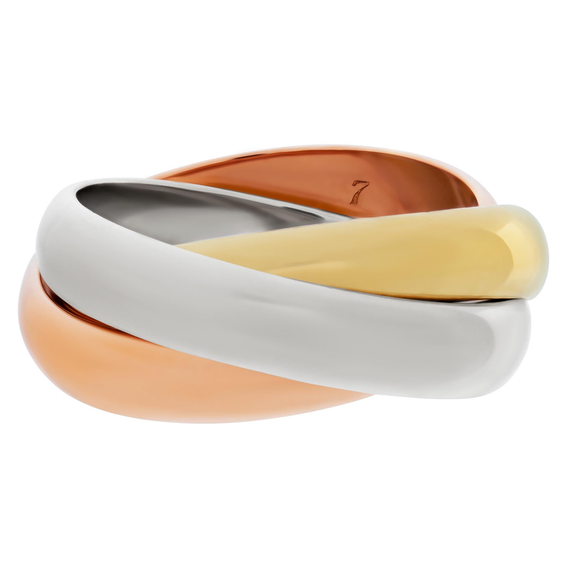 Tri-color rolling ring in 18k white, yellow and rose gold. Size 5.This ring is currently size 5 and some items can be sized up or down, please ask! It weighs 6.4 pennyweights and is 18k.
