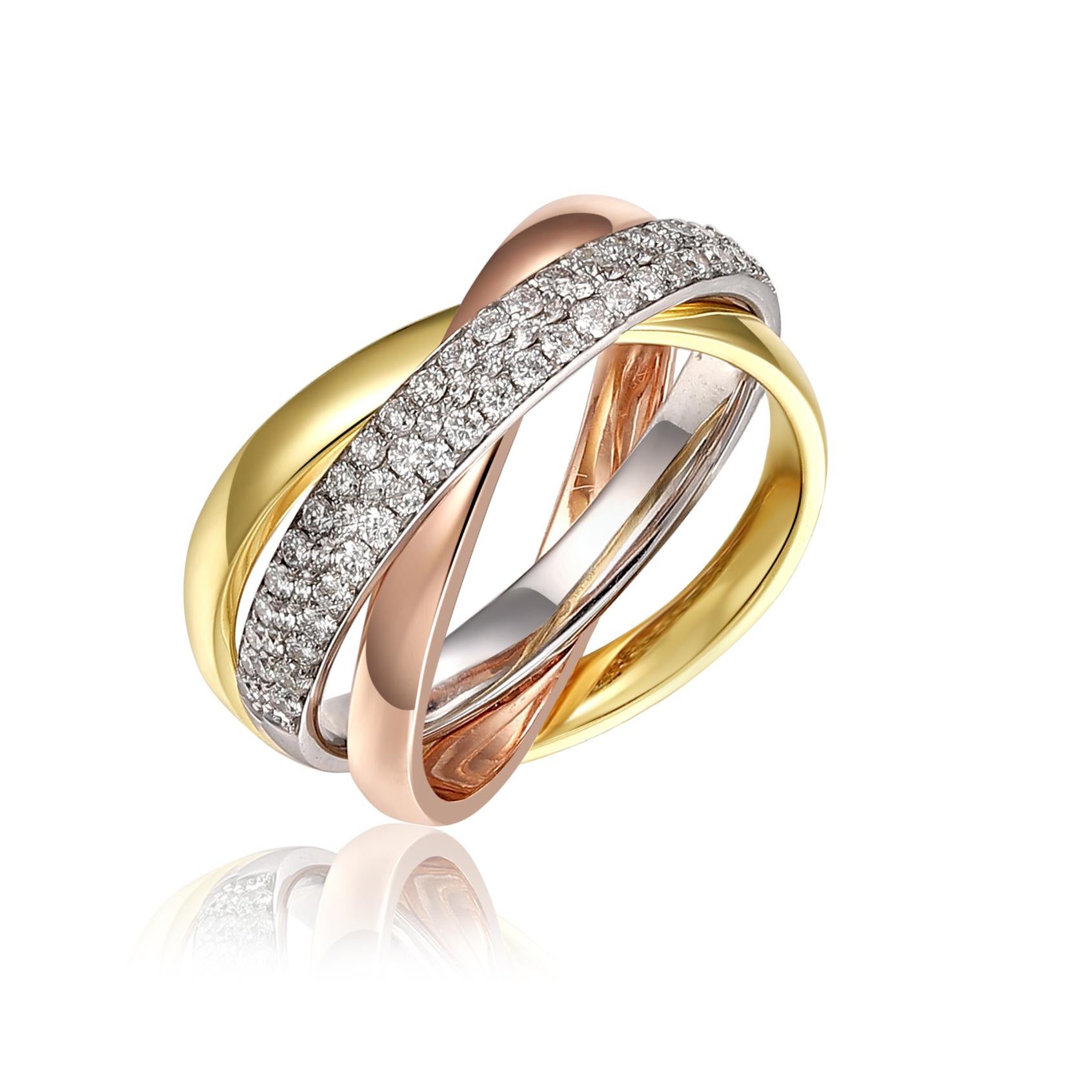 14k white, rose and yellow gold, with 0.69cts round diamonds, G color, VS2 clarity.