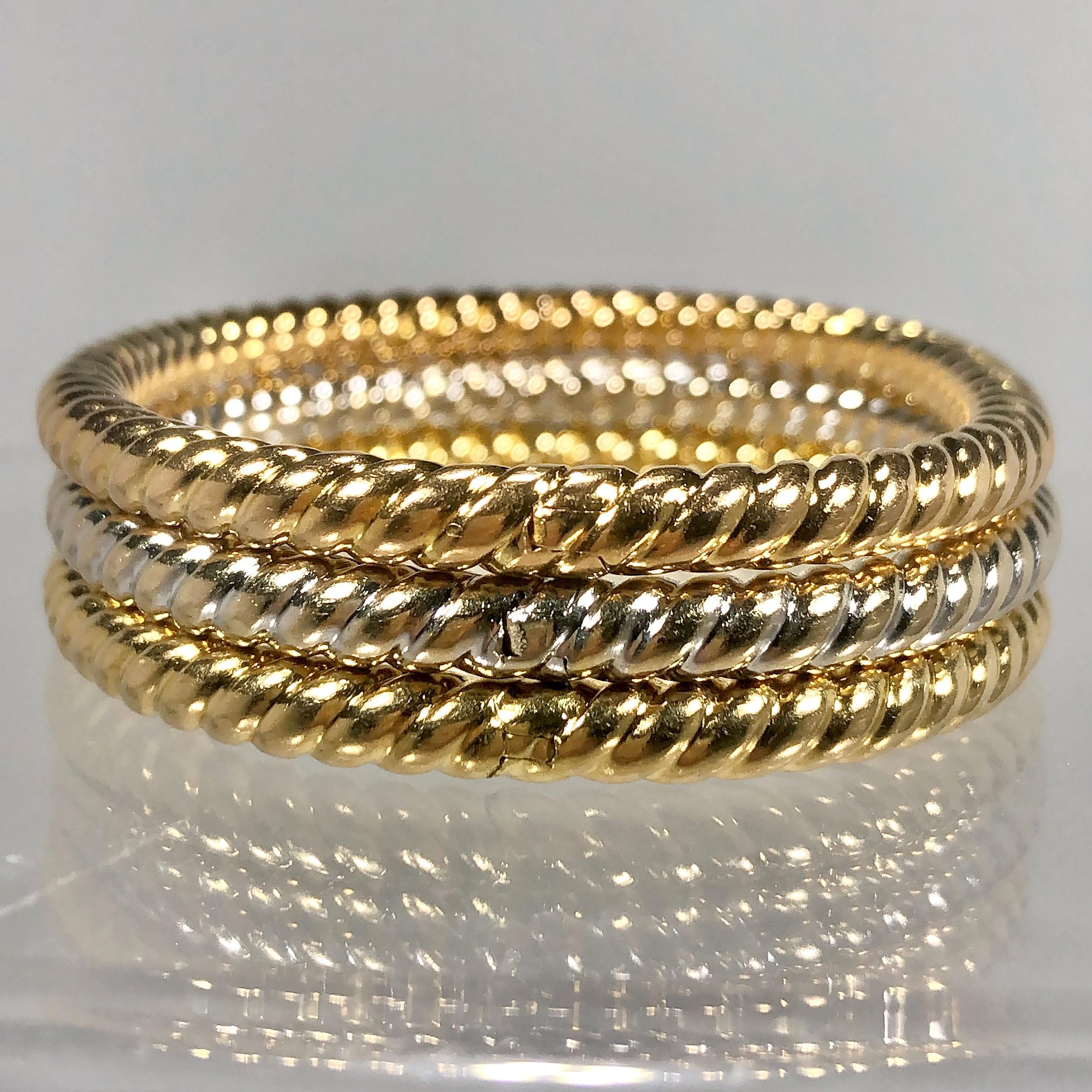 Tri Color Set of Three Twisted Rope Oval Shaped Bangles Hinged on One Side In Good Condition In Palm Beach, FL