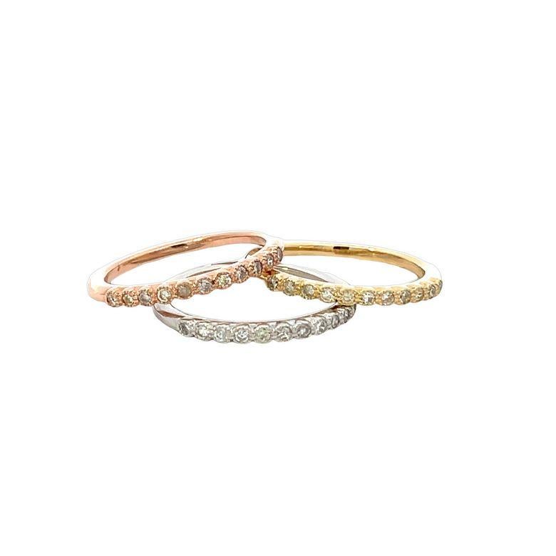 Modern Tri Color Stackable Diamond Ring Band 0.47ct in 14K, White Yellow and Rose Gold For Sale