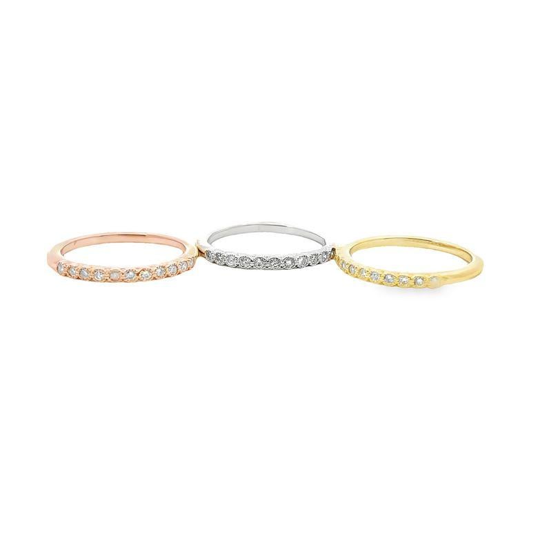 Tri Color Stackable Diamond Ring Band 0.47ct in 14K, White Yellow and Rose Gold In New Condition For Sale In New York, NY