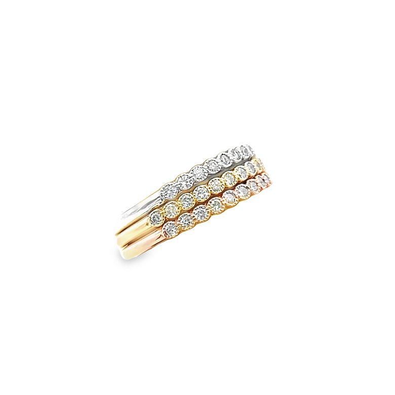 Tri Color Stackable Diamond Ring Band 0.47ct in 14K, White Yellow and Rose Gold For Sale 1