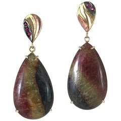 Tri-Color Tourmaline 14 Karat Yellow Gold Earrings with Ruby Accents