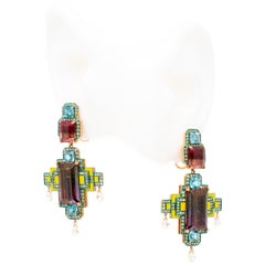 Tri-Color Tourmaline & Zircon & Diamond Earrings, 18K Rose Gold, Austy Lee