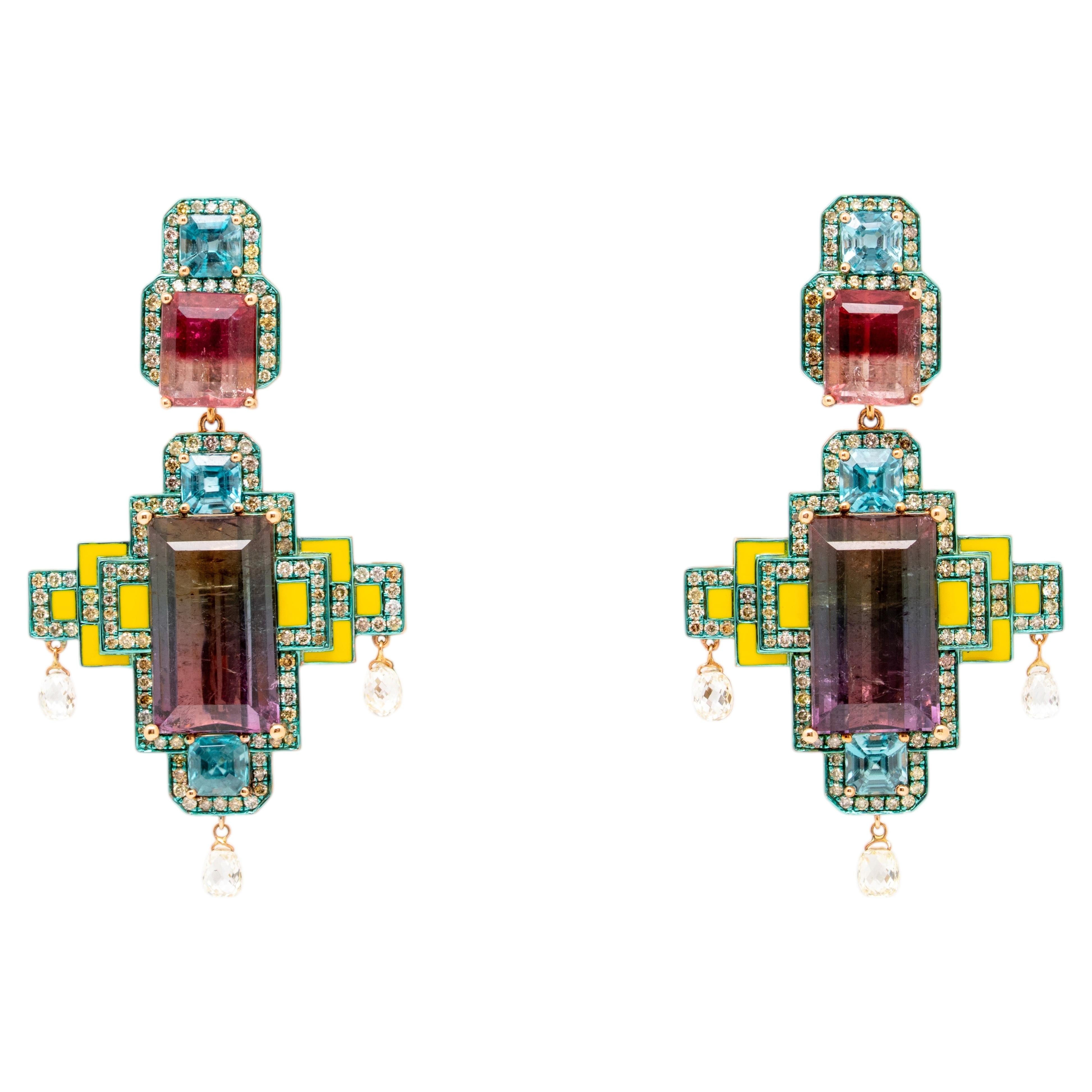 Tri-Color Tourmaline & Zircon & Diamond Earrings, 18K Rose Gold, Austy Lee
