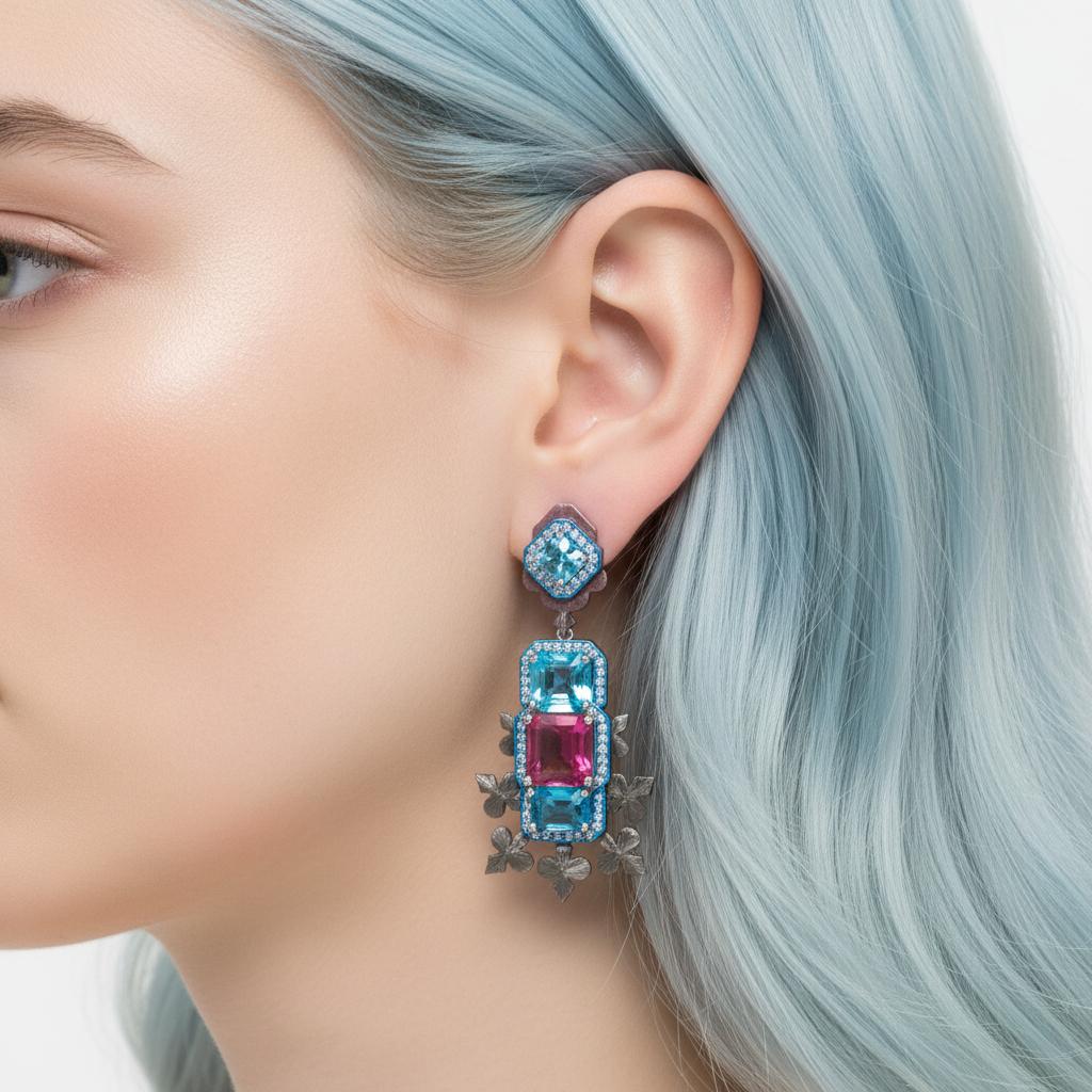 Orecchini con tormalina, zircone e diamante, oro bianco 18 carati, Austy Lee in vendita 4