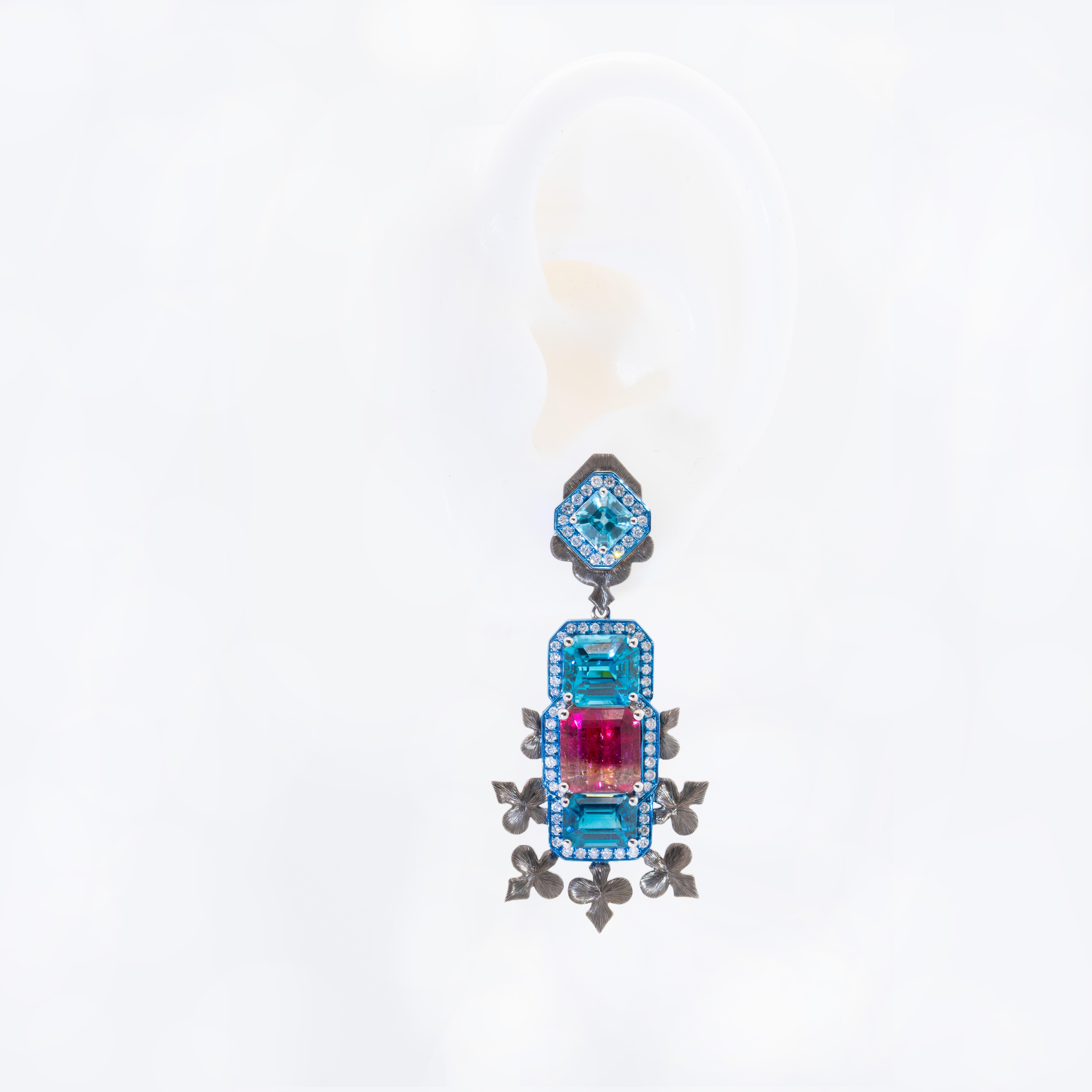 Orecchini con tormalina, zircone e diamante, oro bianco 18 carati, Austy Lee in vendita 1