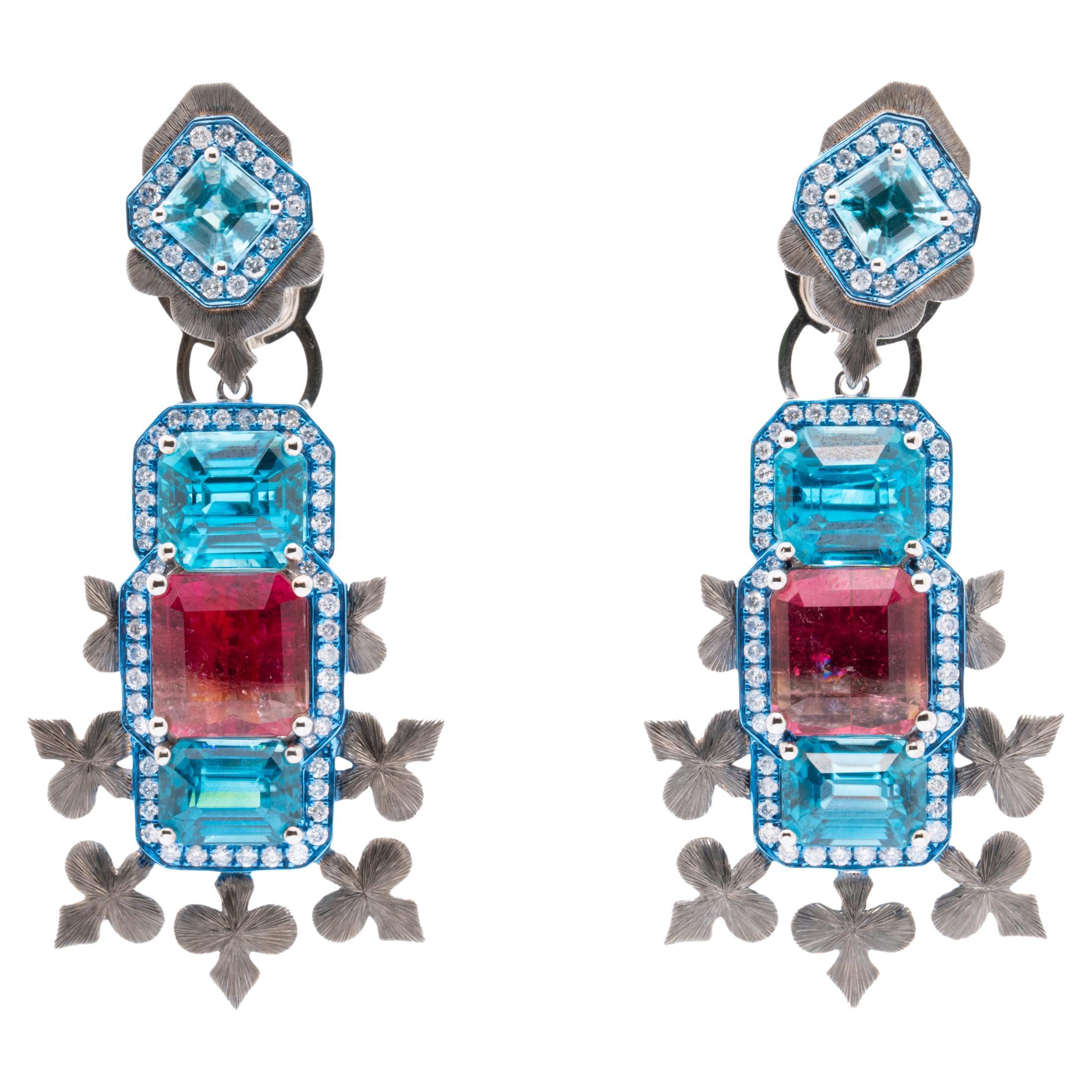Tri-Color Tourmaline & Zircon & Diamond Earrings, 18K White Gold, Austy Lee