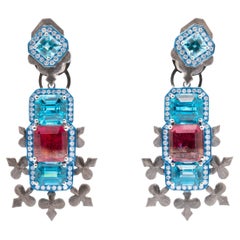 Tri-Color Tourmaline & Zircon & Diamond Earrings, 18K White Gold, Austy Lee