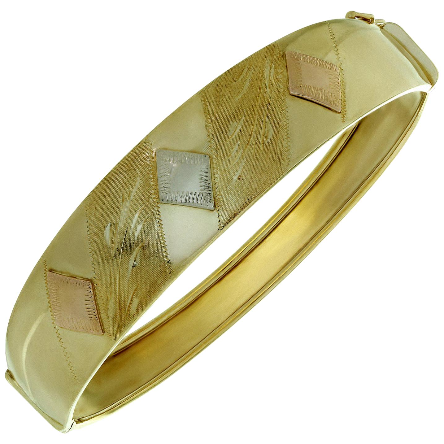 Tri-Color 14k Gold Wide Bangle Bracelet For Sale