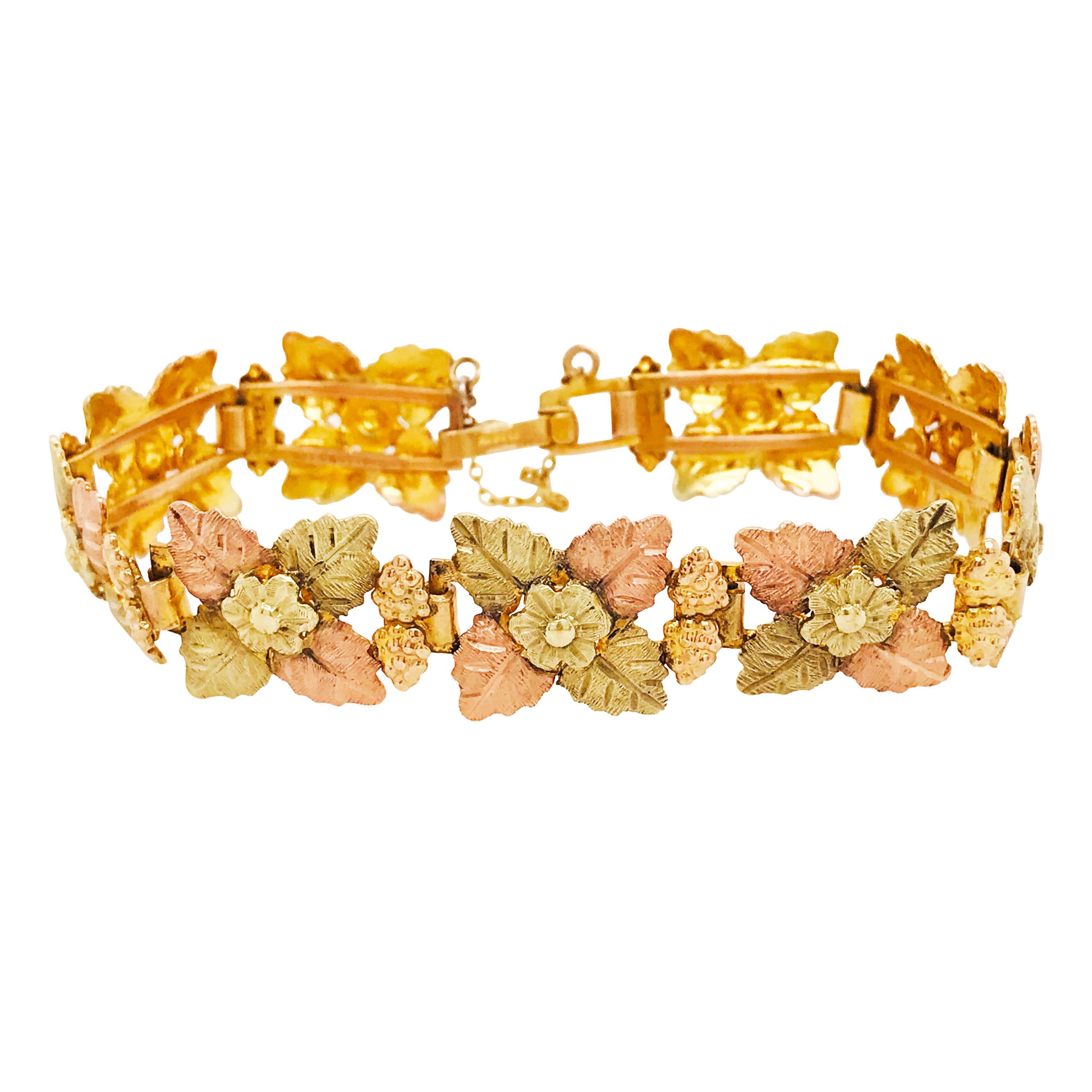 Tri-Colored 14 Karat Gold Leaf and Flower Bracelet, Custom Estate Piece