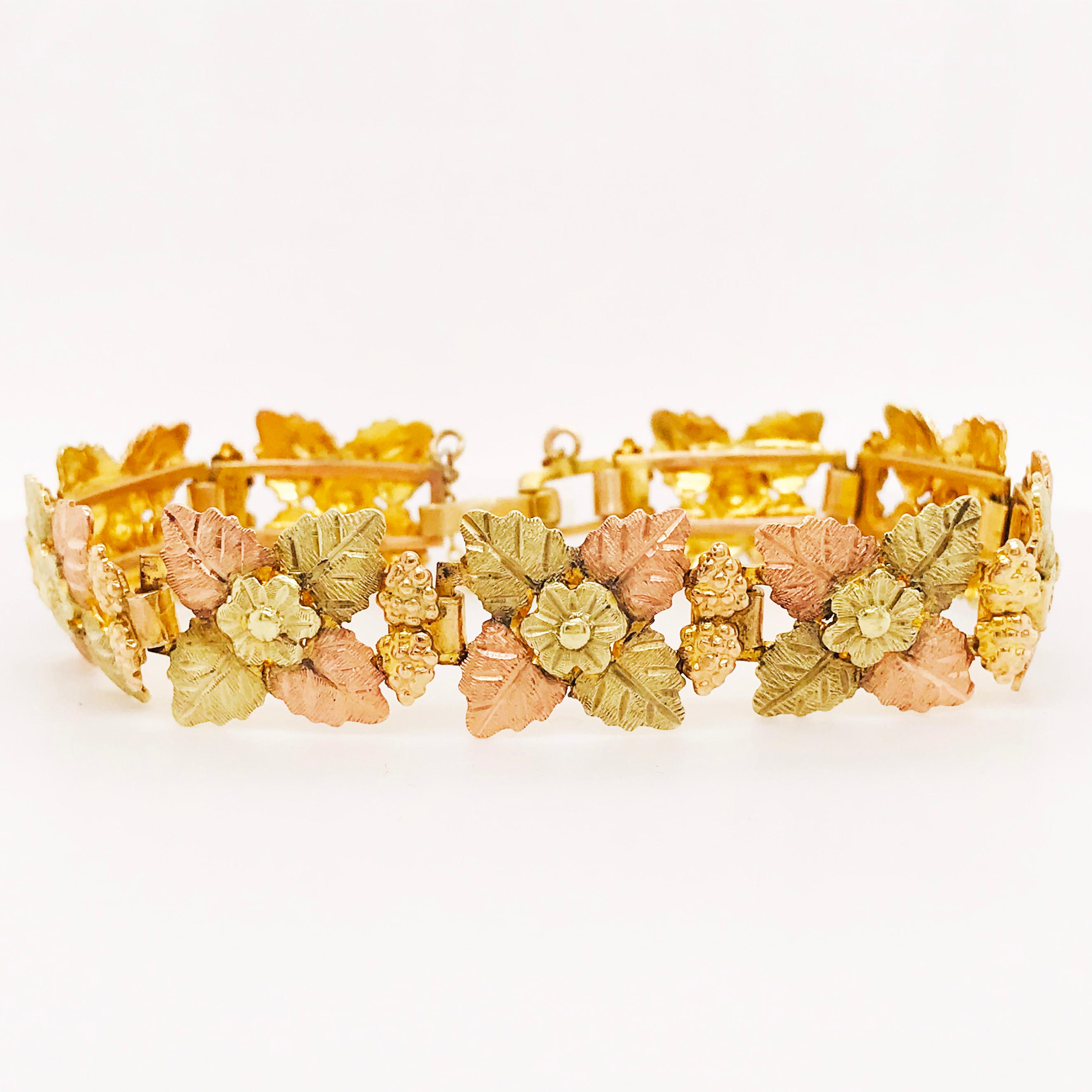 Tri-Colored 14 Karat Gold Leaf and Flower Bracelet, Custom Estate Piece In Excellent Condition In Austin, TX