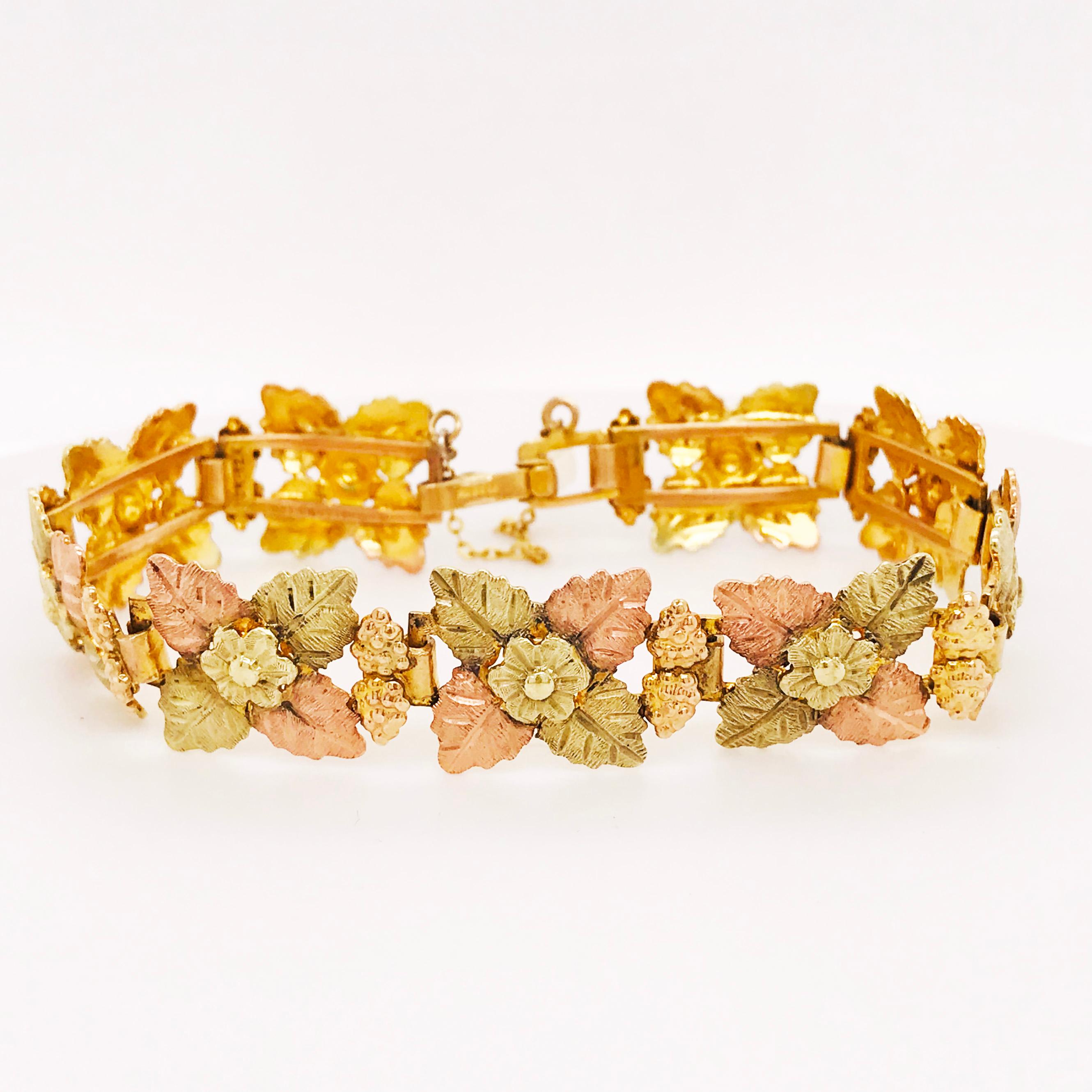 Women's Tri-Colored 14 Karat Gold Leaf and Flower Bracelet, Custom Estate Piece