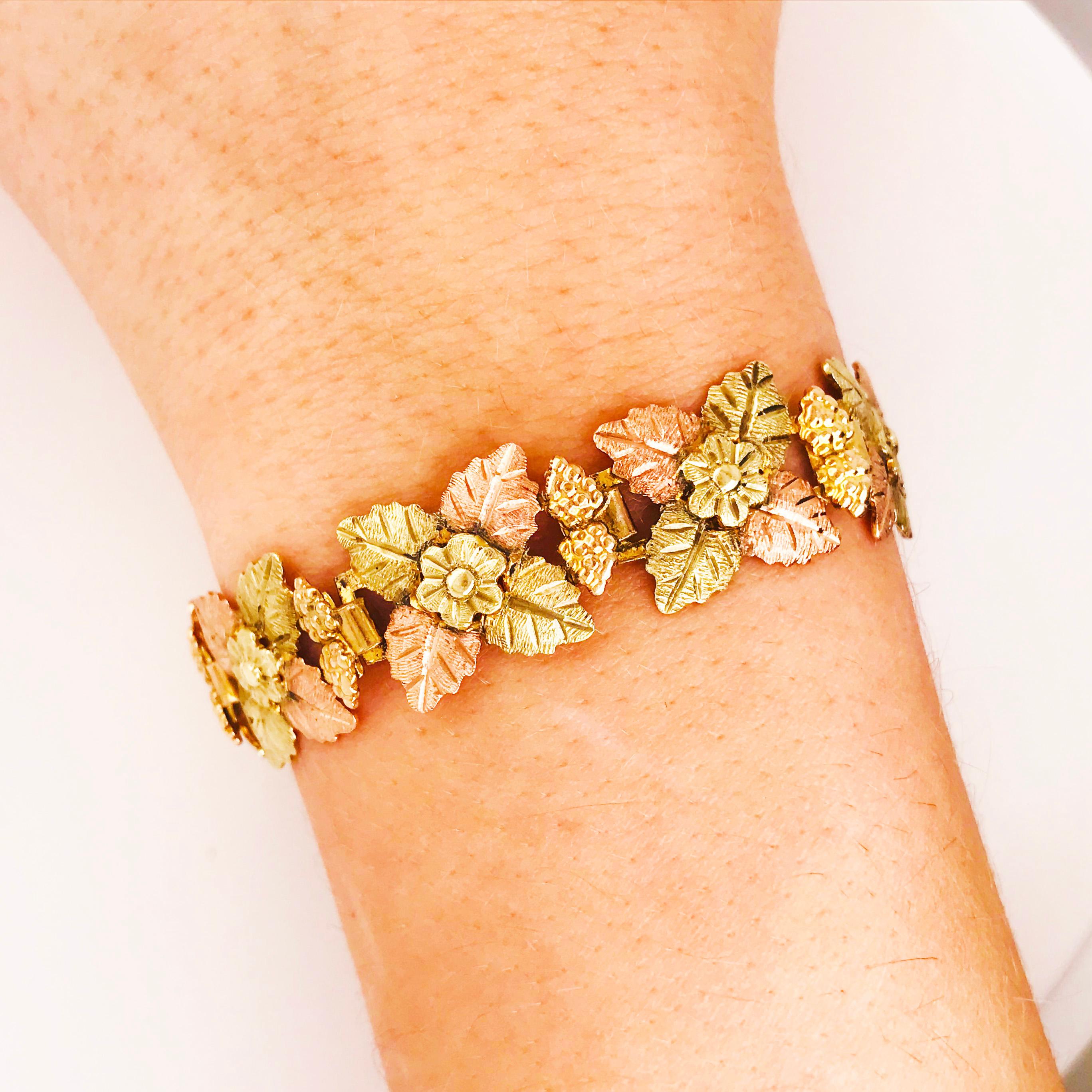 Tri-Colored 14 Karat Gold Leaf and Flower Bracelet, Custom Estate Piece 1