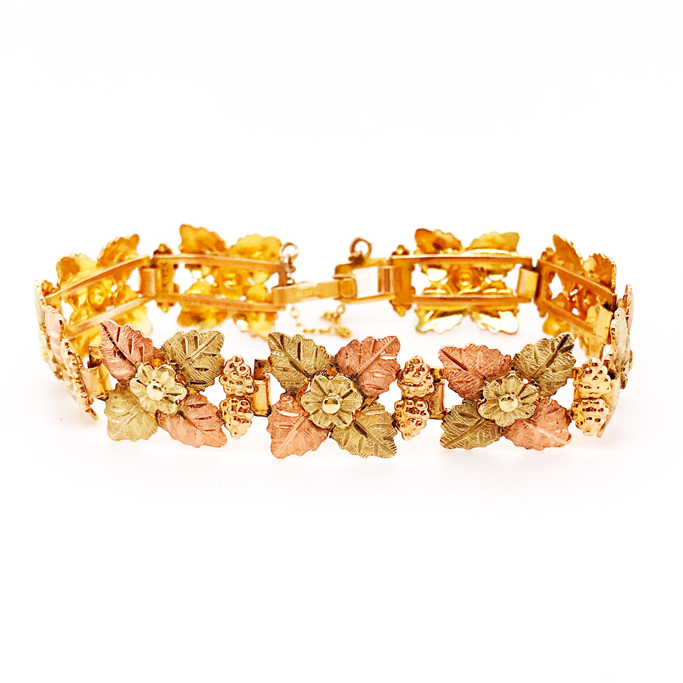 Tri-Colored 14 Karat Gold Leaf and Flower Bracelet, Custom Estate Piece 2