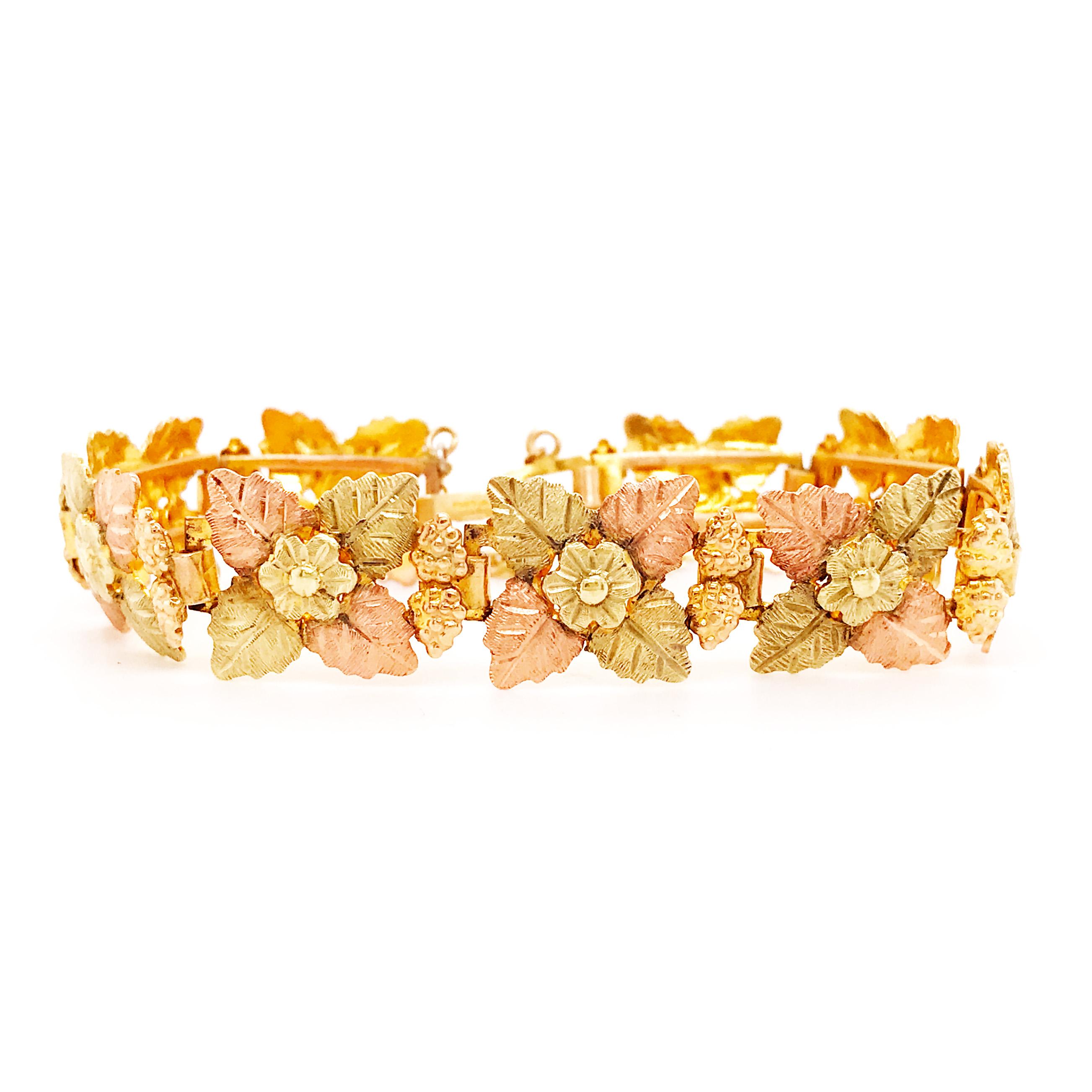 Tri-Colored 14 Karat Gold Leaf and Flower Bracelet, Custom Estate Piece 3