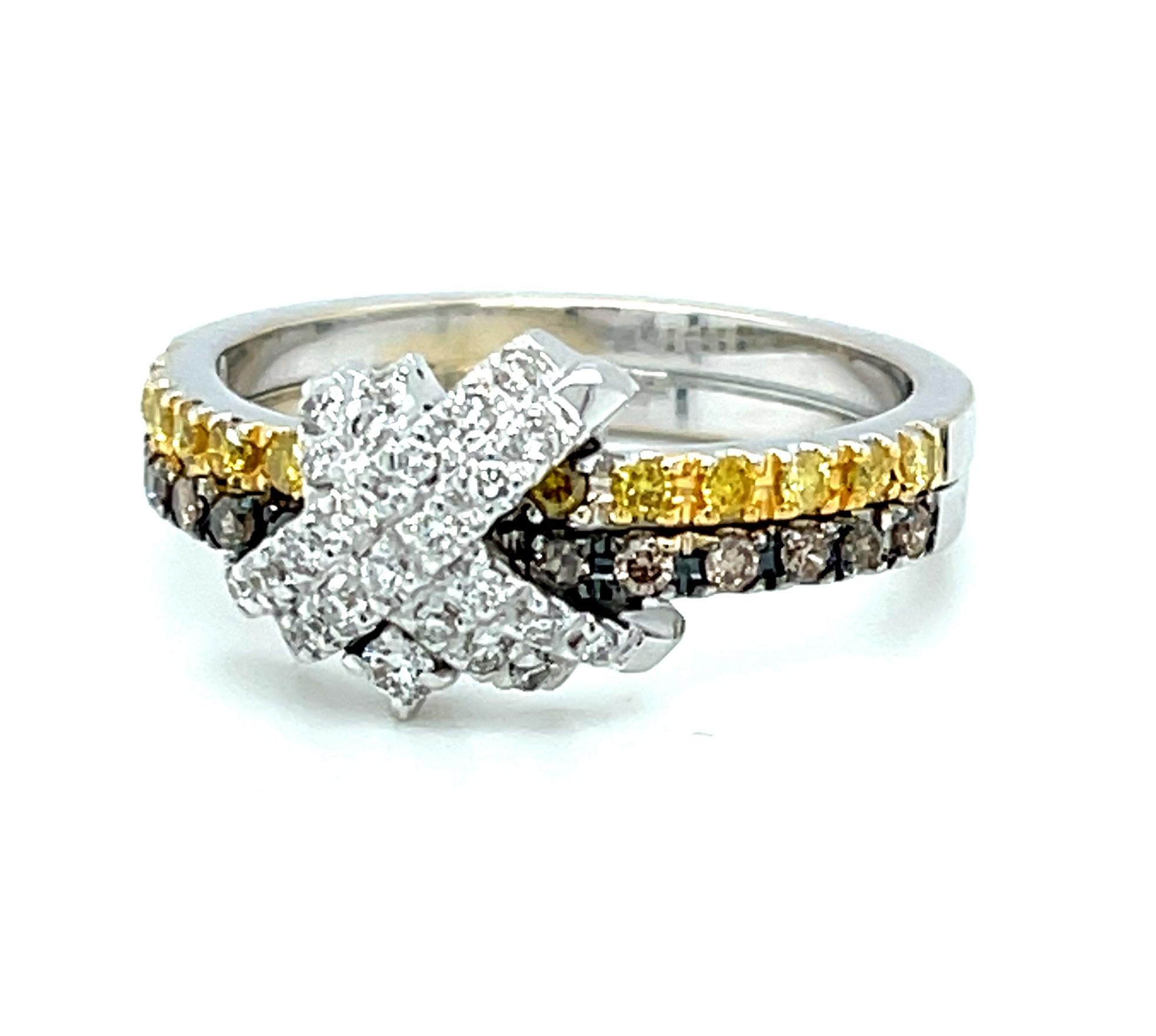 Artisan Tri-Colored Diamond Criss Cross Band Ring in 18k White Gold  For Sale
