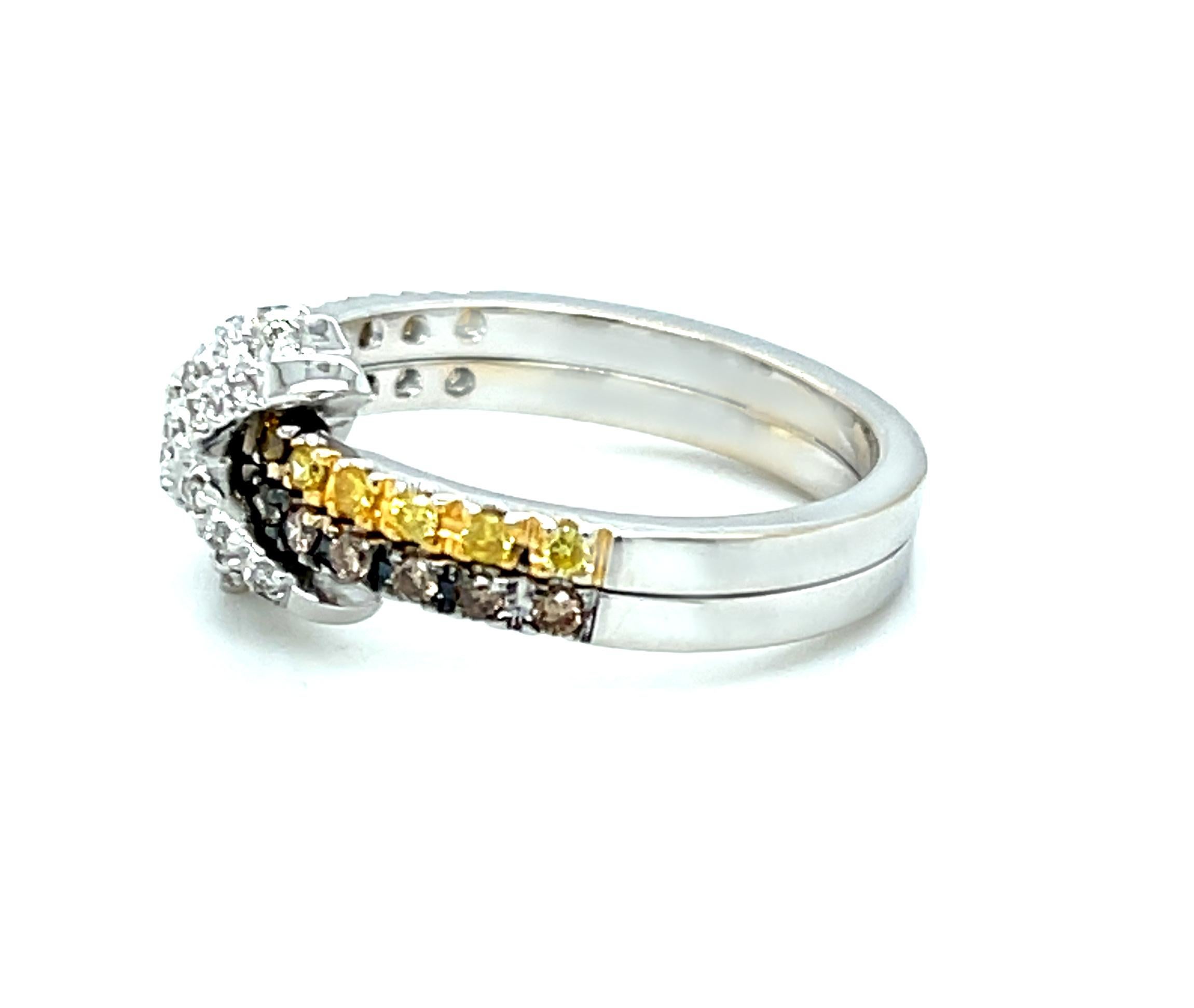 Tri-Colored Diamond Criss Cross Band Ring in 18k White Gold  For Sale 2