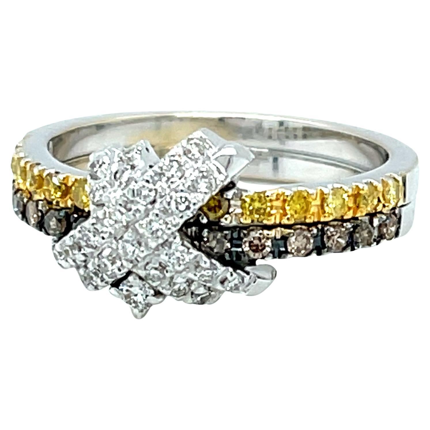 Tri-Colored Diamond Criss Cross Band Ring in 18k White Gold  For Sale