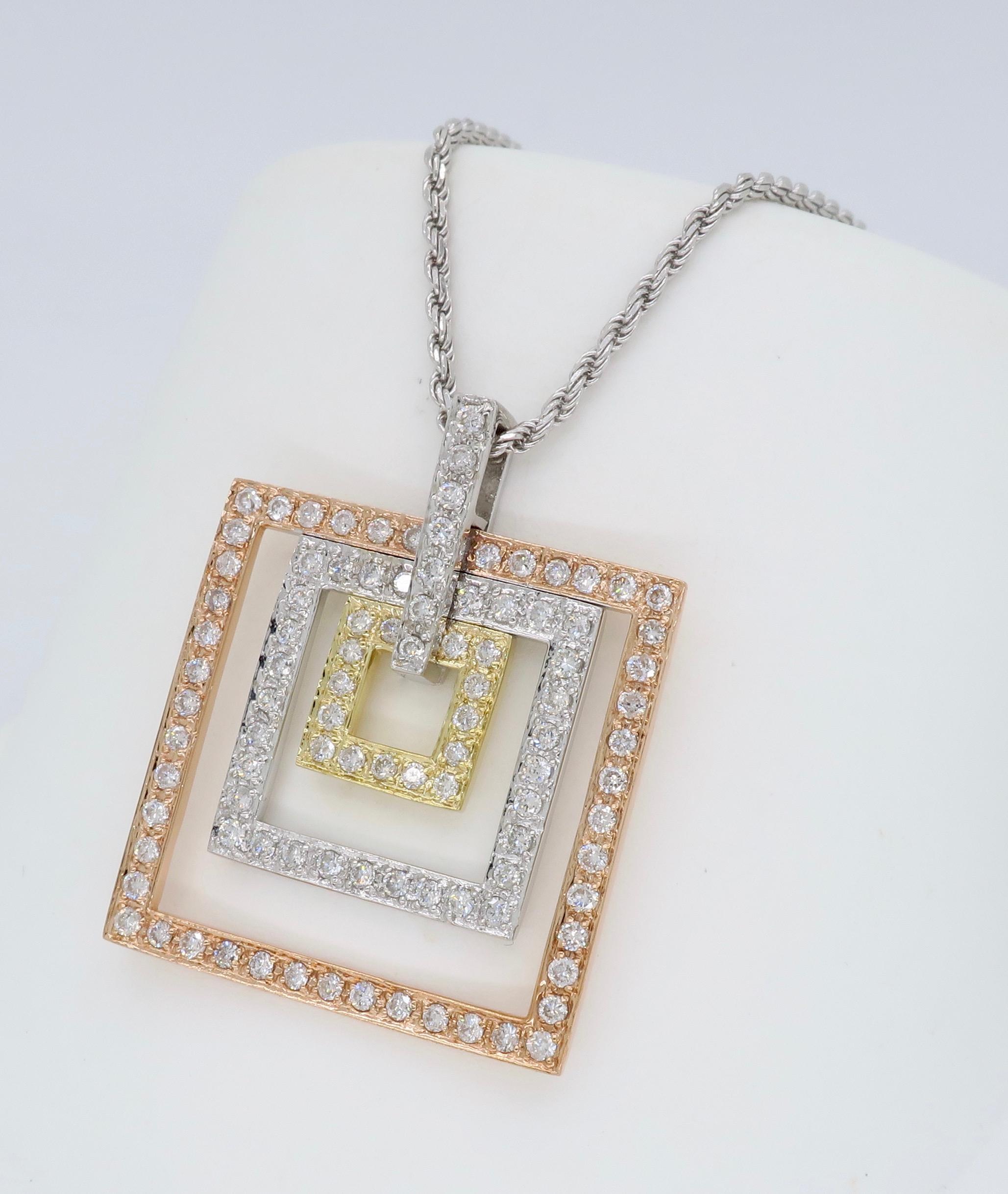 Women's or Men's Tri-Colored Diamond Pendant Necklace