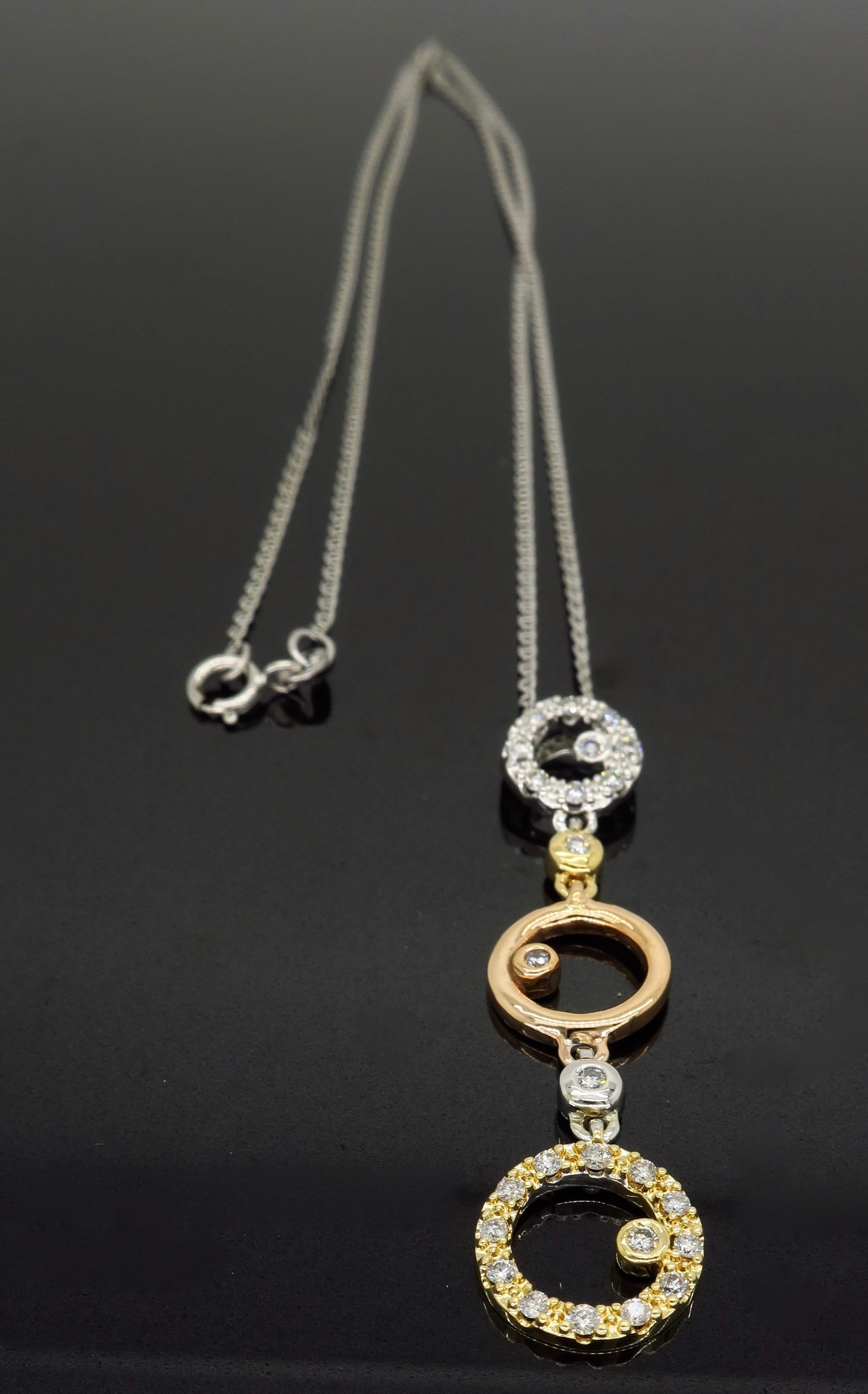Women's or Men's Tri-Colored Gold Drop Diamond Pendant Necklace