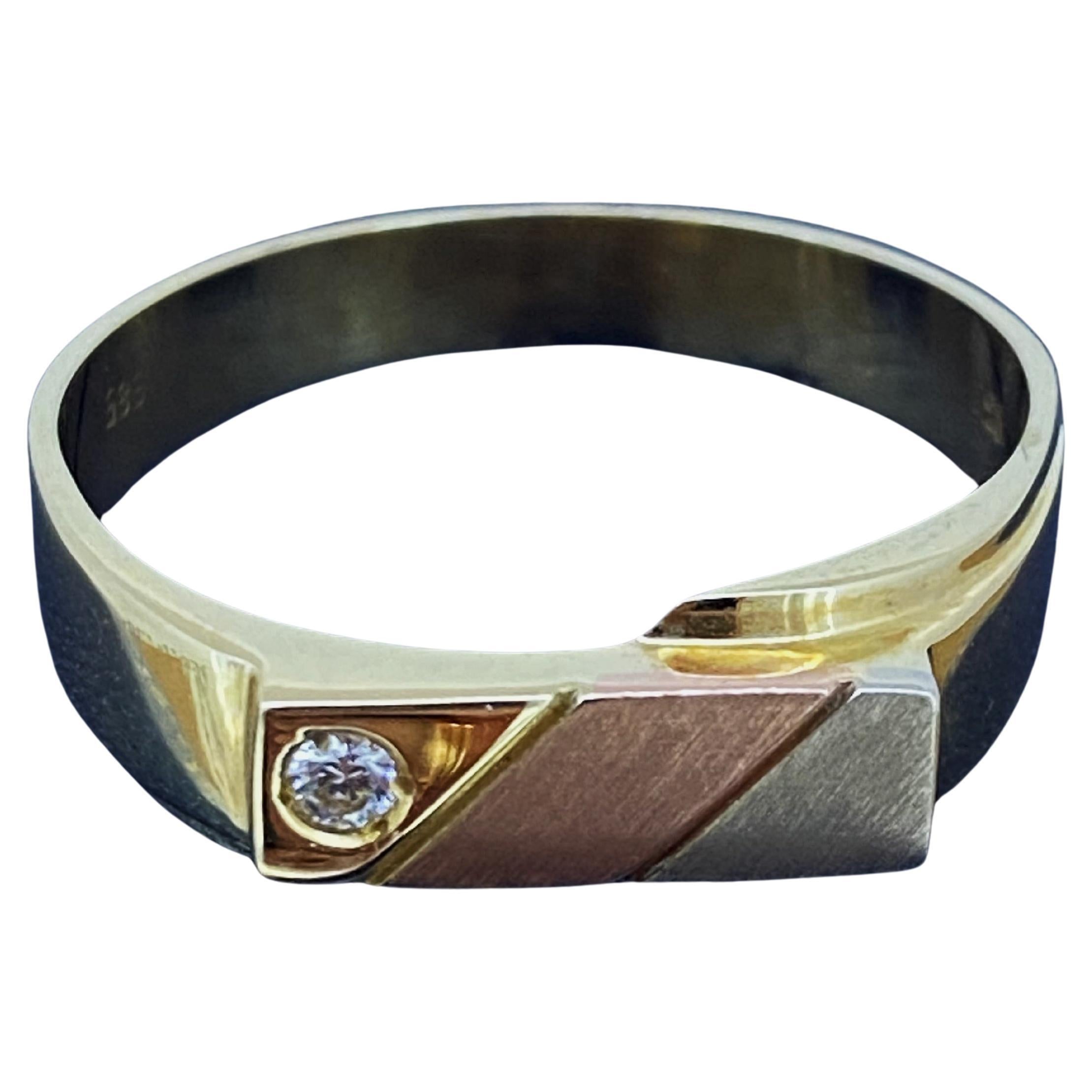 Tri-Colour 14K Gold (Rose, White, Yellow) & Diamond "Geometric" Mens' Ring