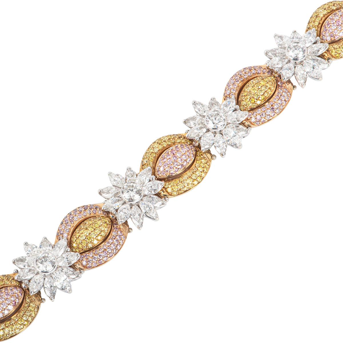 Tri-Colour Gold Fancy Yellow, Natural Pink & White Diamond Bracelet In Excellent Condition For Sale In London, GB