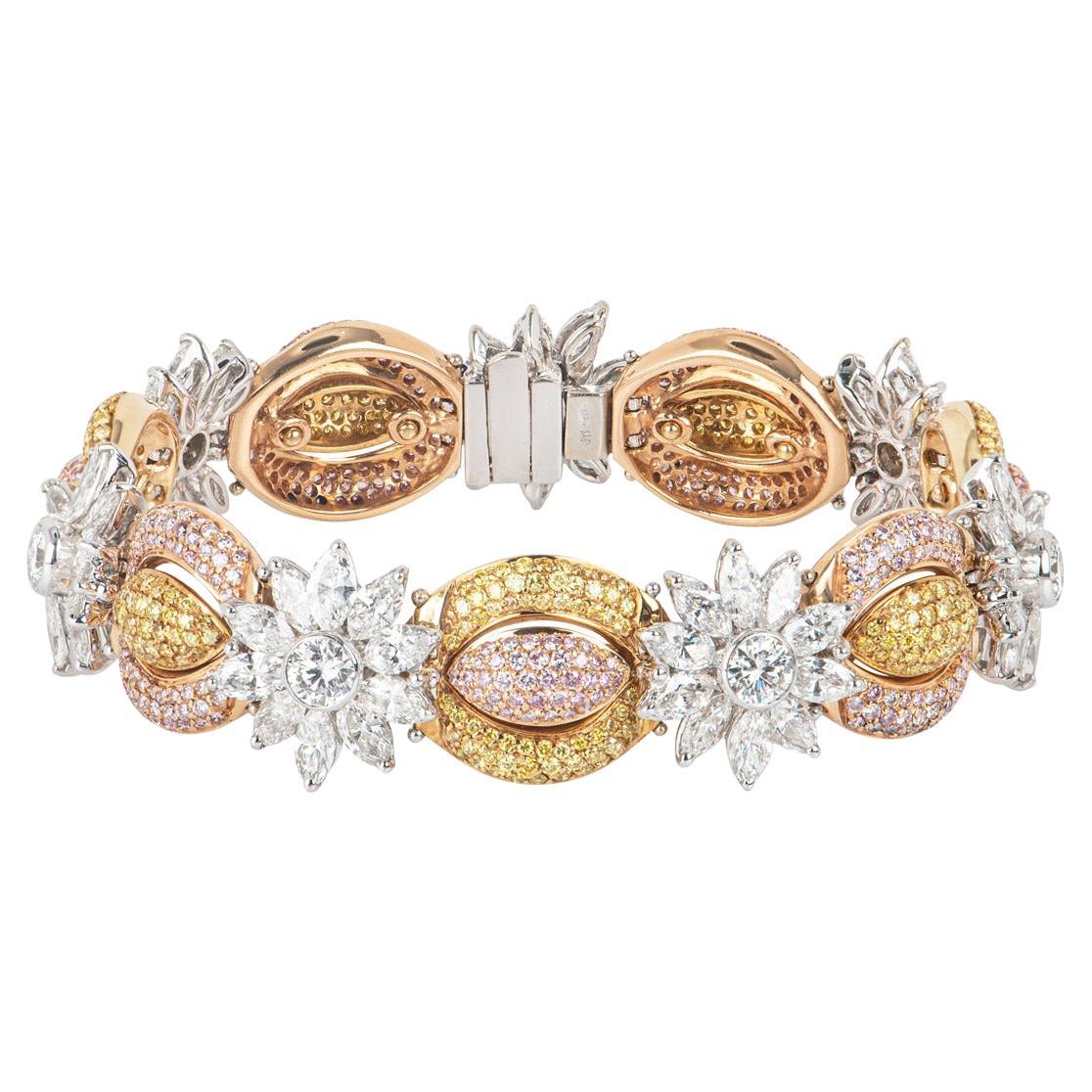 Tri-Colour Gold Fancy Yellow, Natural Pink & White Diamond Bracelet For Sale