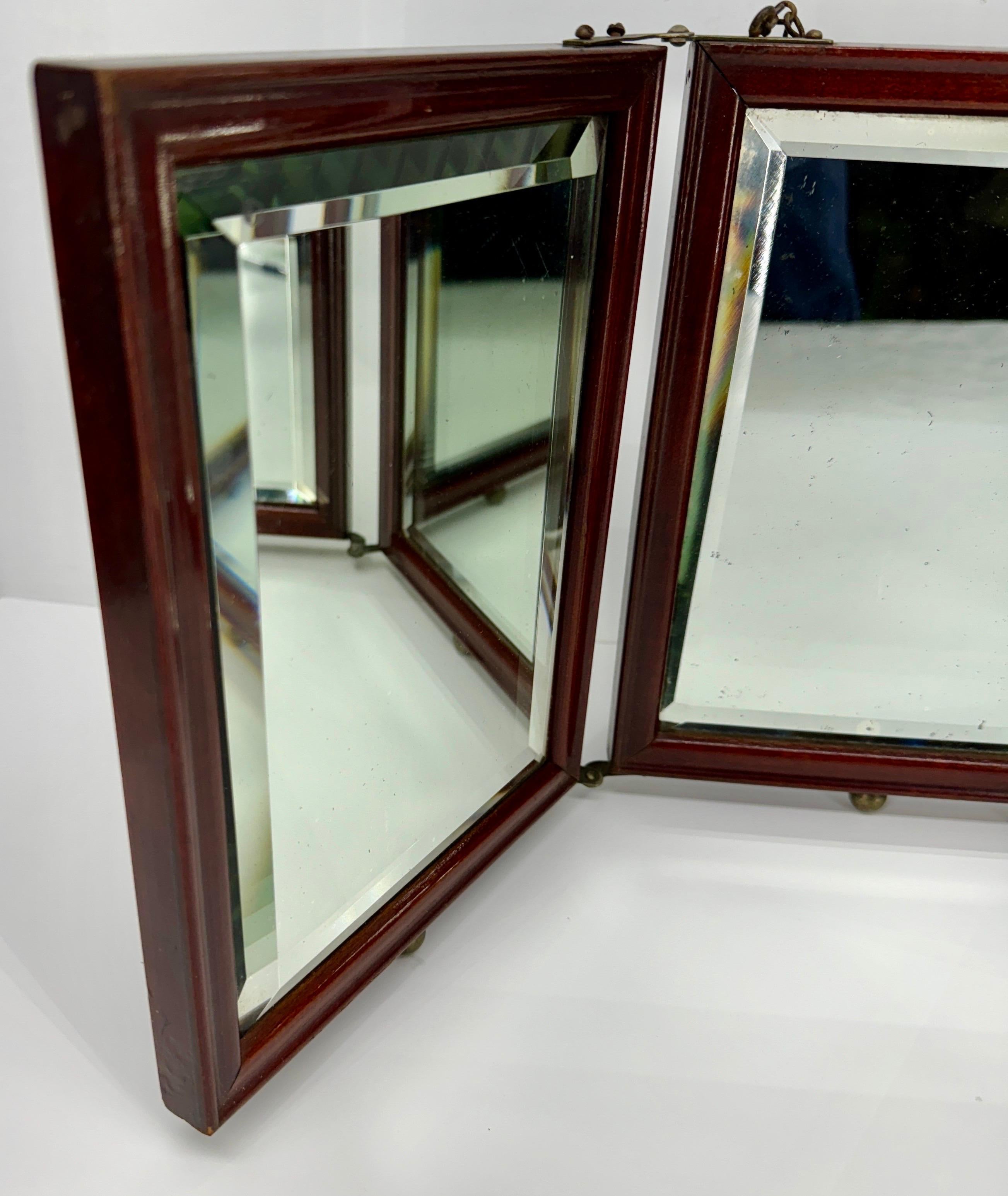 British Tri-Fold Travel Vanity Or Dresser Mirror With Beveled Glass For Sale
