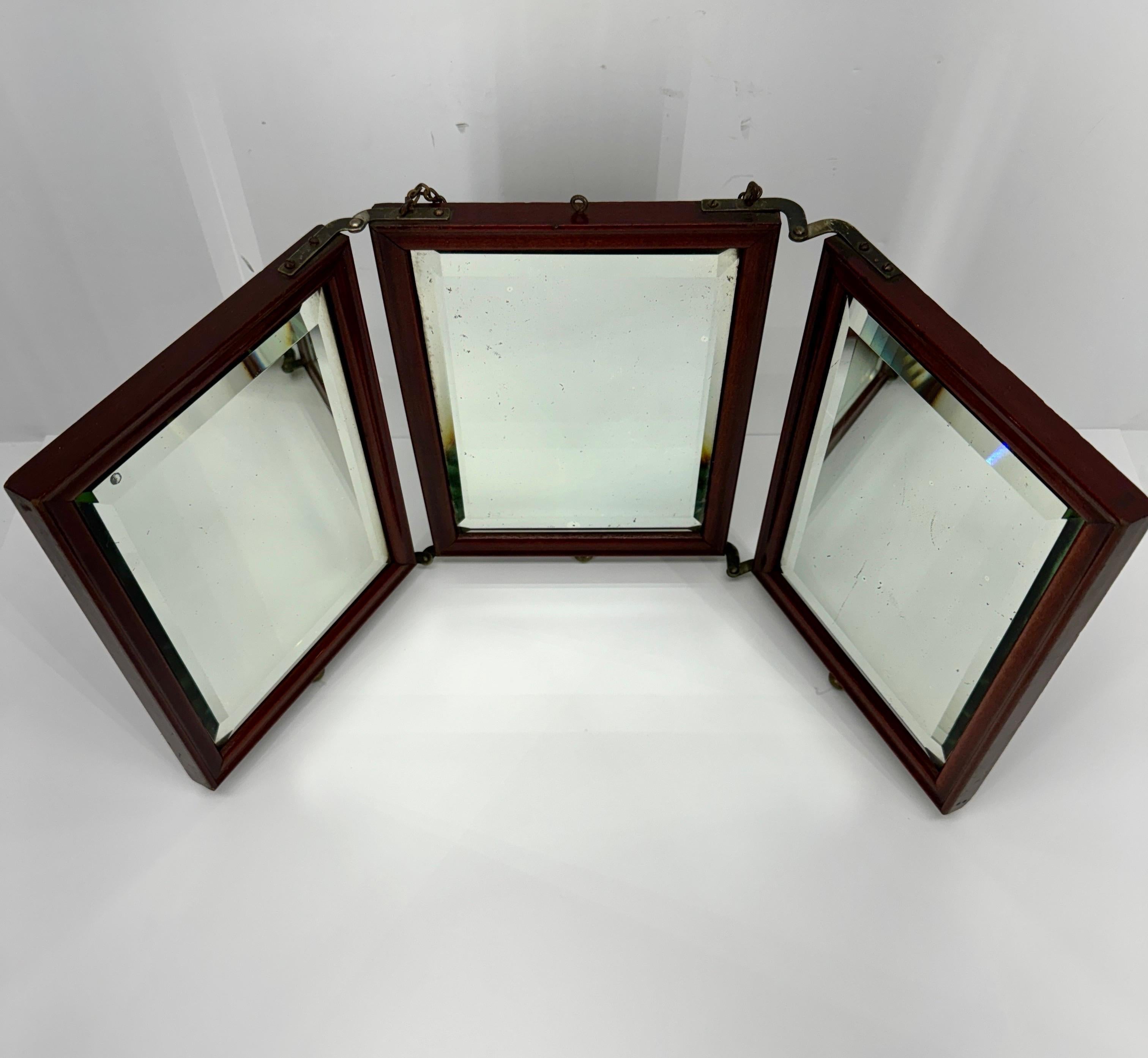 Hand-Crafted Tri-Fold Travel Vanity Or Dresser Mirror With Beveled Glass For Sale