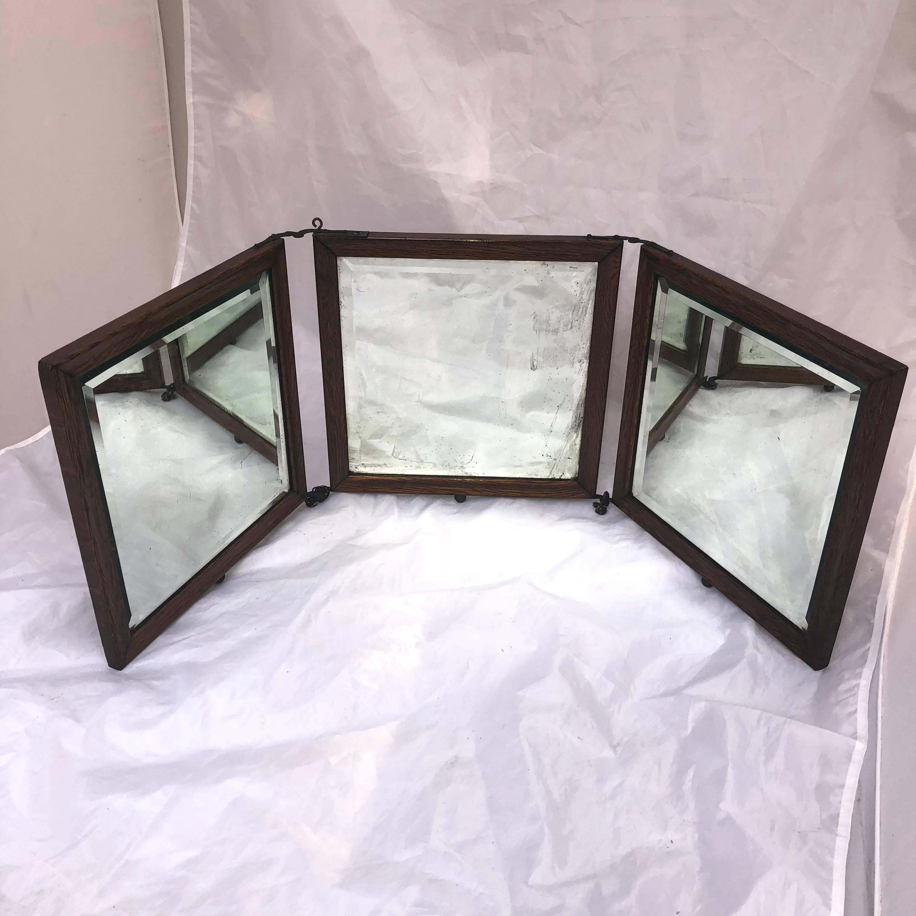 Wood Tri-Fold Travel Vanity Or Dresser Mirror With Beveled Glass