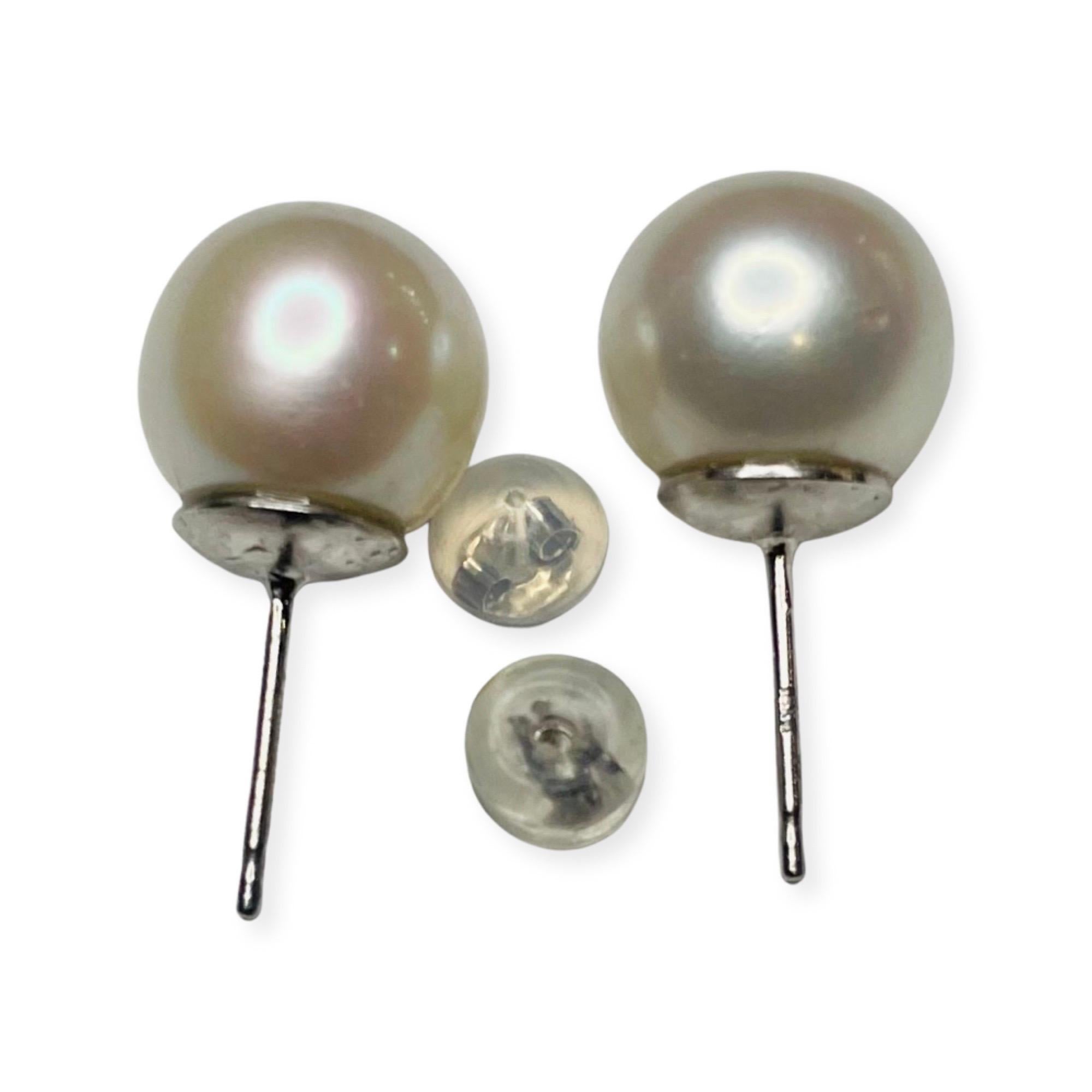 Round Cut Tri Gem 18K White Gold Cultured White South Sea Pearl Earrings For Sale