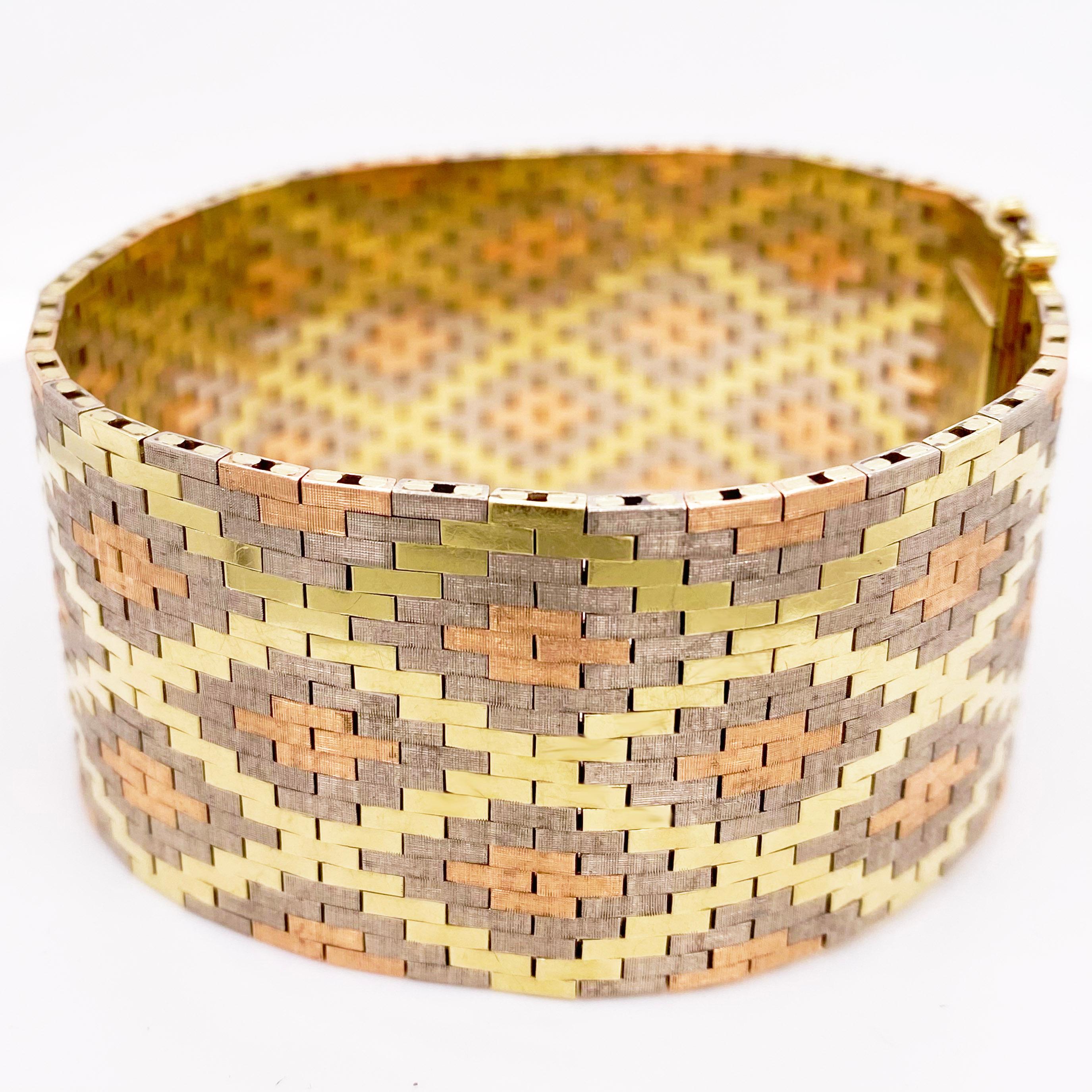 Tri-Gold Manschette aus verschiedenen Metallen, maßgeschneidertes Armband aus 14 Karat Gelb-, Roségold (Retro) im Angebot