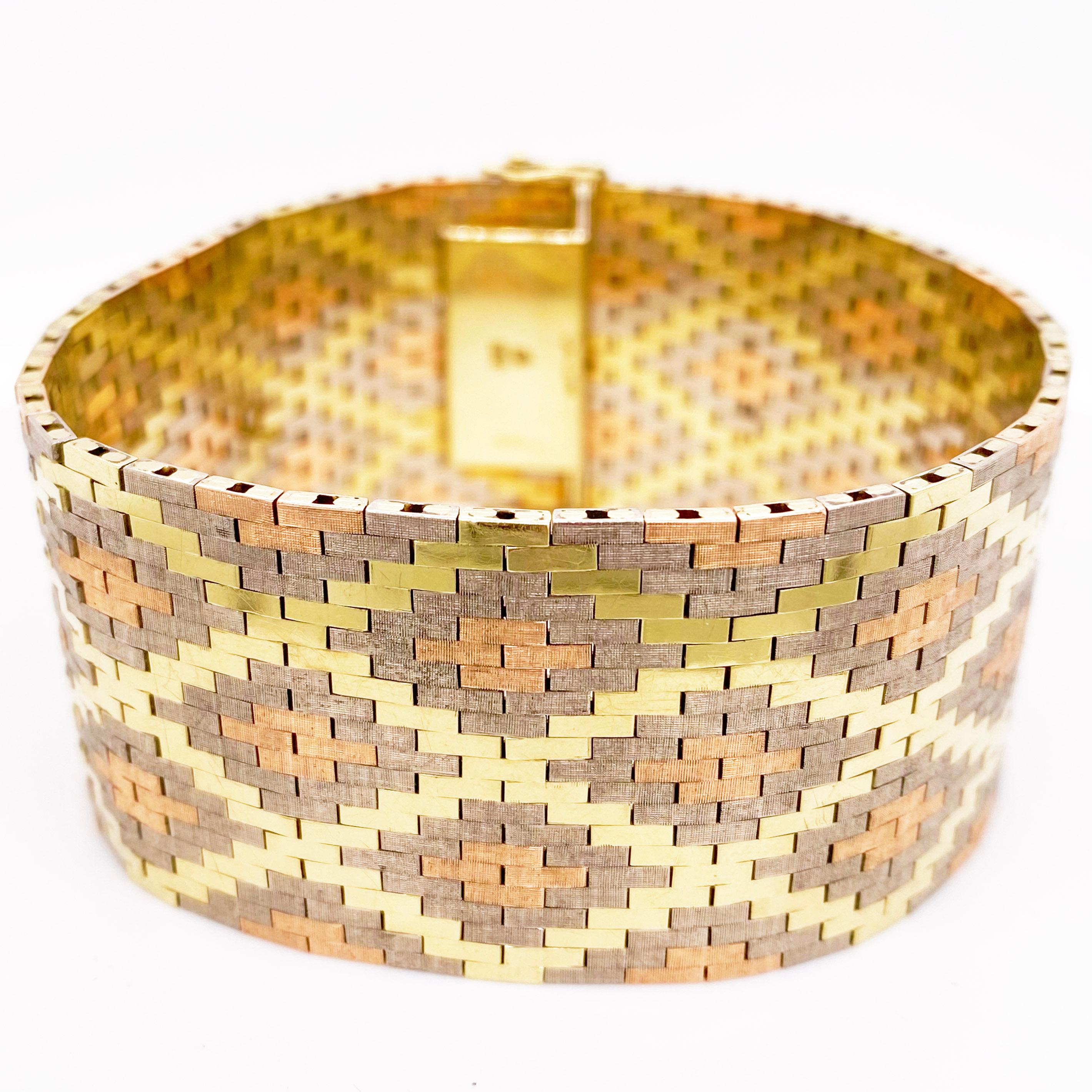 Tri-Gold Manschette aus verschiedenen Metallen, maßgeschneidertes Armband aus 14 Karat Gelb-, Roségold im Zustand „Hervorragend“ im Angebot in Austin, TX