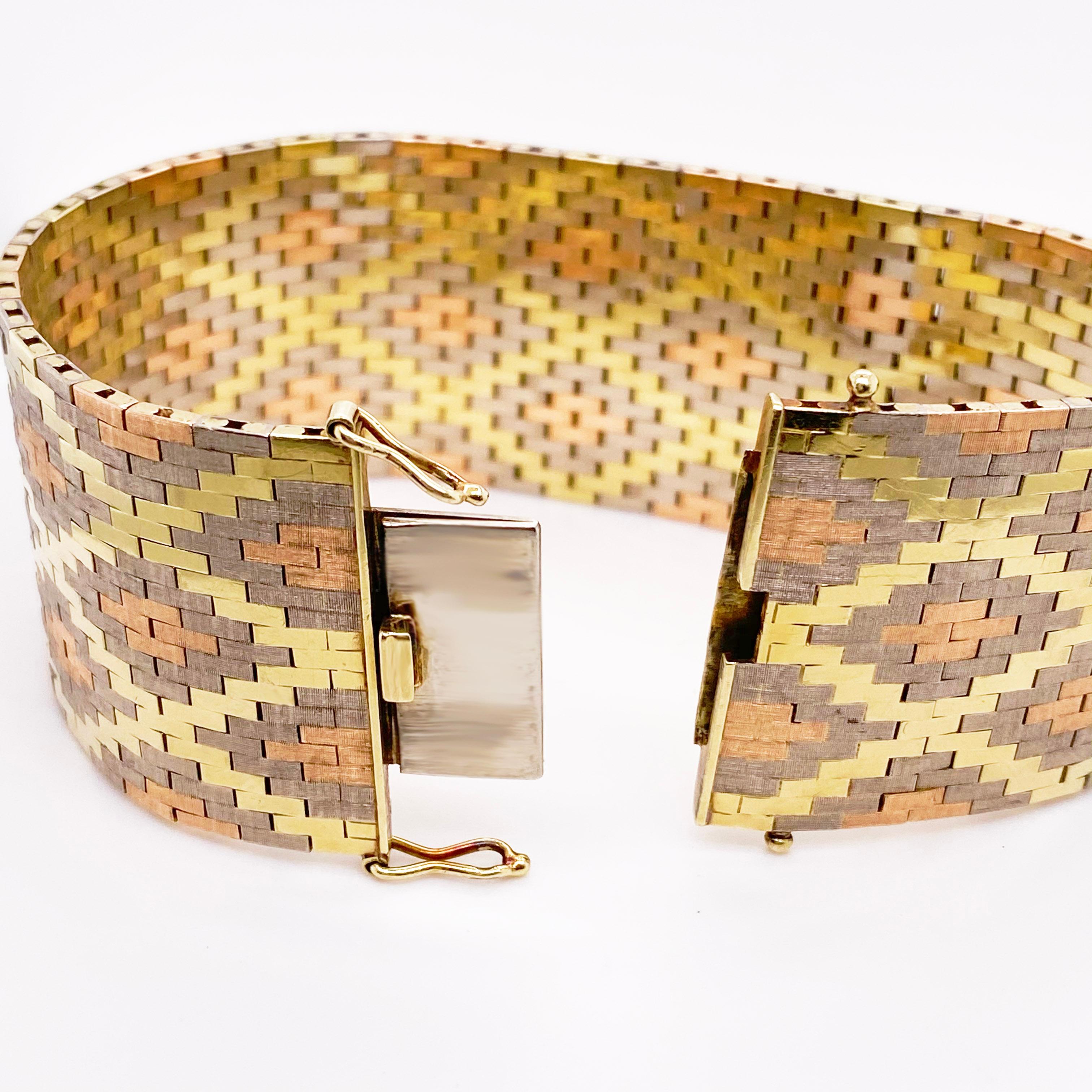 Tri-Gold Manschette aus verschiedenen Metallen, maßgeschneidertes Armband aus 14 Karat Gelb-, Roségold im Angebot 1