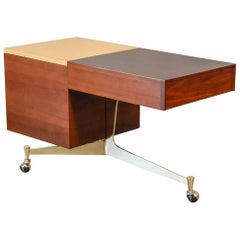 Vintage Tri-Leg Brass and Walnut Rolling Bar Cart