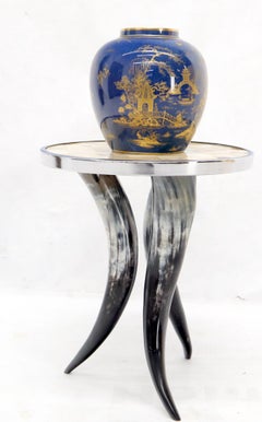 Tri Legged Horn Base Polished Horn Round Tile Top Side End Table