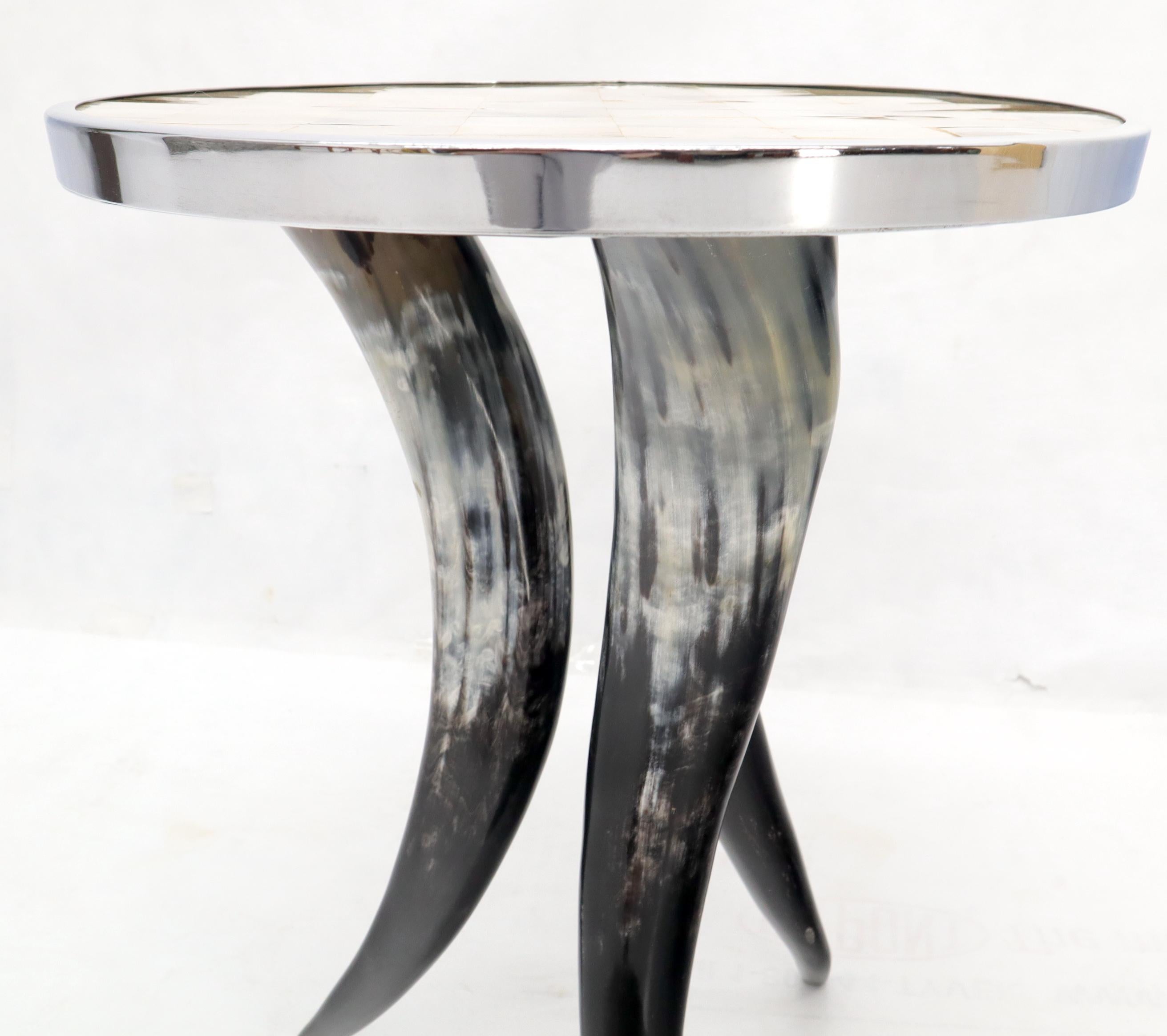20th Century Tri Legged Horn Base Polished Horn Round Tile Top Side End Table