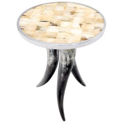 Tri Legged Horn Base Polished Horn Round Tile Top Side End Table