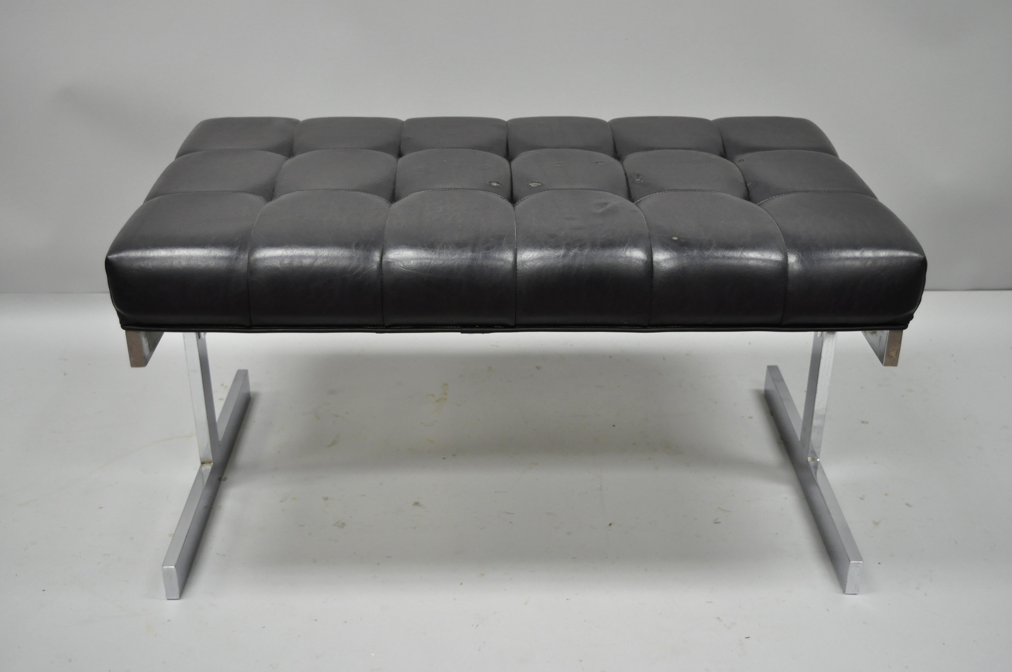Mid-Century Modern Tri-Mark Design Milo Baughman Style Chrome and Black Vinyl Tufted Bench