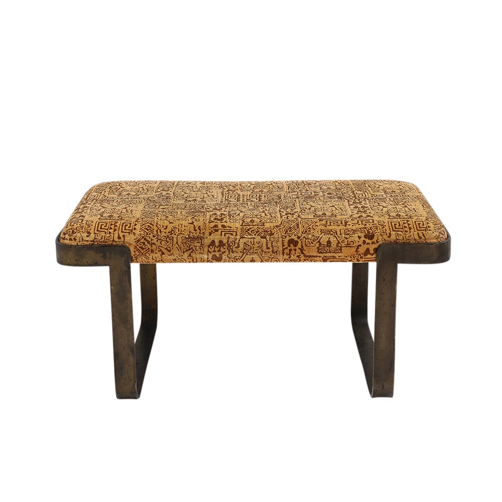 Tri-Mark Designs Bench, Bronze, Upholstery, Signed. Tri-Mark Designs of Pennsylvania manufactured this bench in two sizes - this is the smaller 3 foot version with an appealing proportion and slightly rounded square stock bronze plated steel legs.