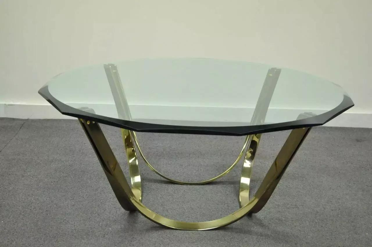 Table basse arquée en verre et acier plaqué laiton Tri-Mark Mid Century Modern en vente 3