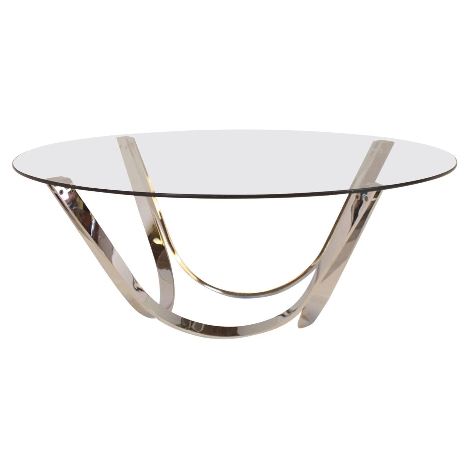 Roger Sprunger Tri-Mark Round Coffee Table with Nickel Legs and Glass Top For Sale