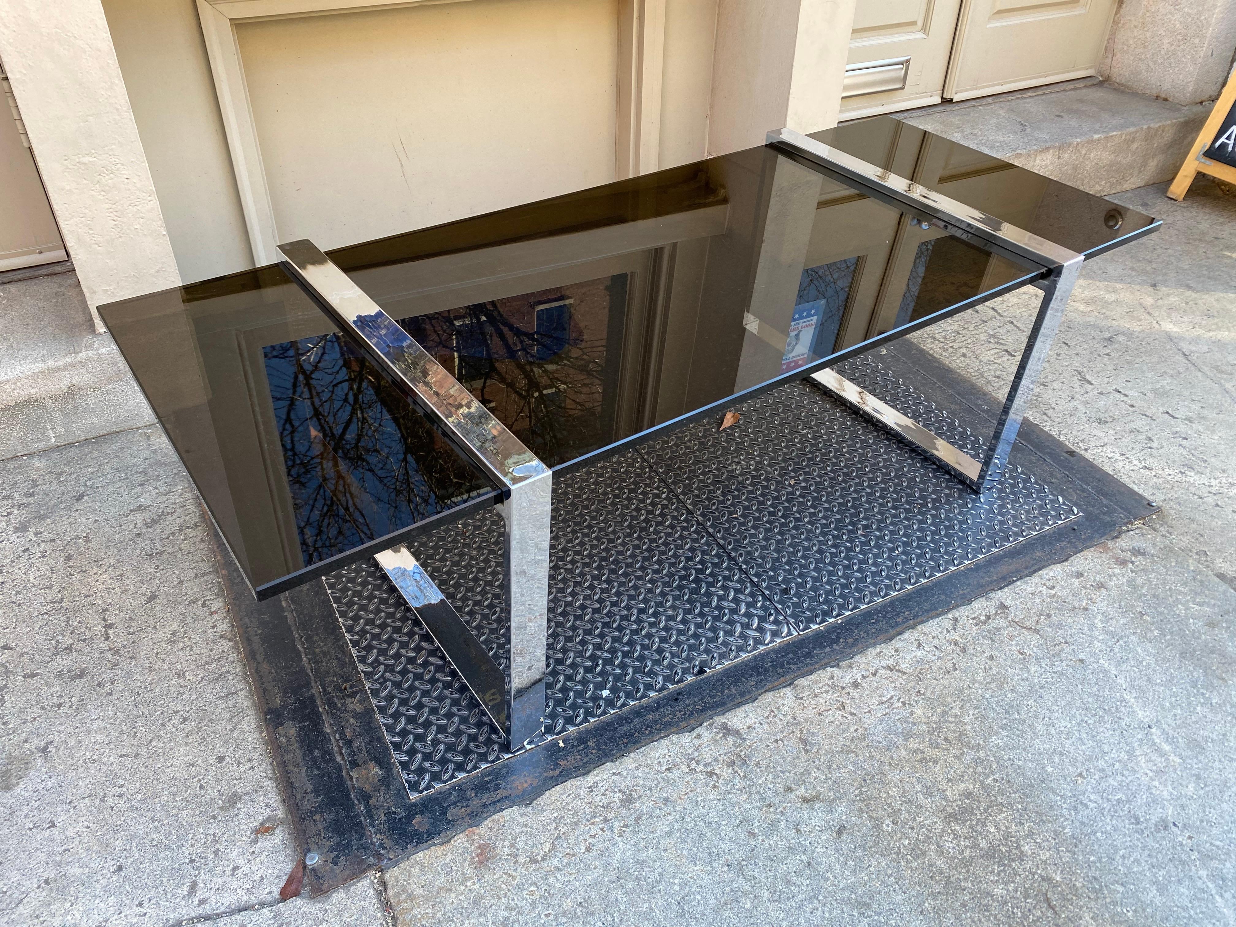 Tri-Mark Smoked Glass and Chrome Coffee Table In Good Condition For Sale In Philadelphia, PA