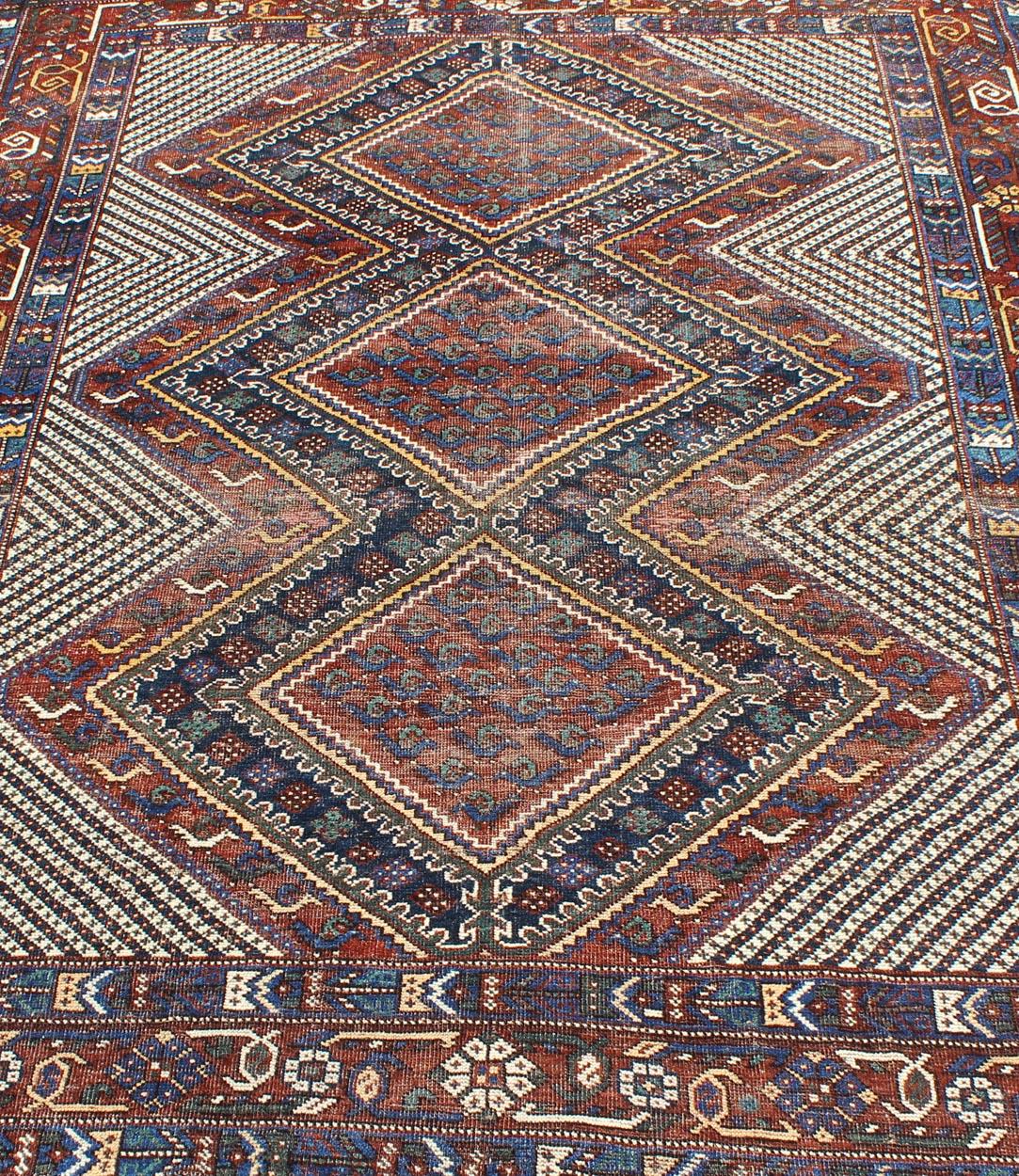 Tri-Medallion Antique Persian Afshar Rug in Colorful Tones of Red, Blue, Green For Sale 2