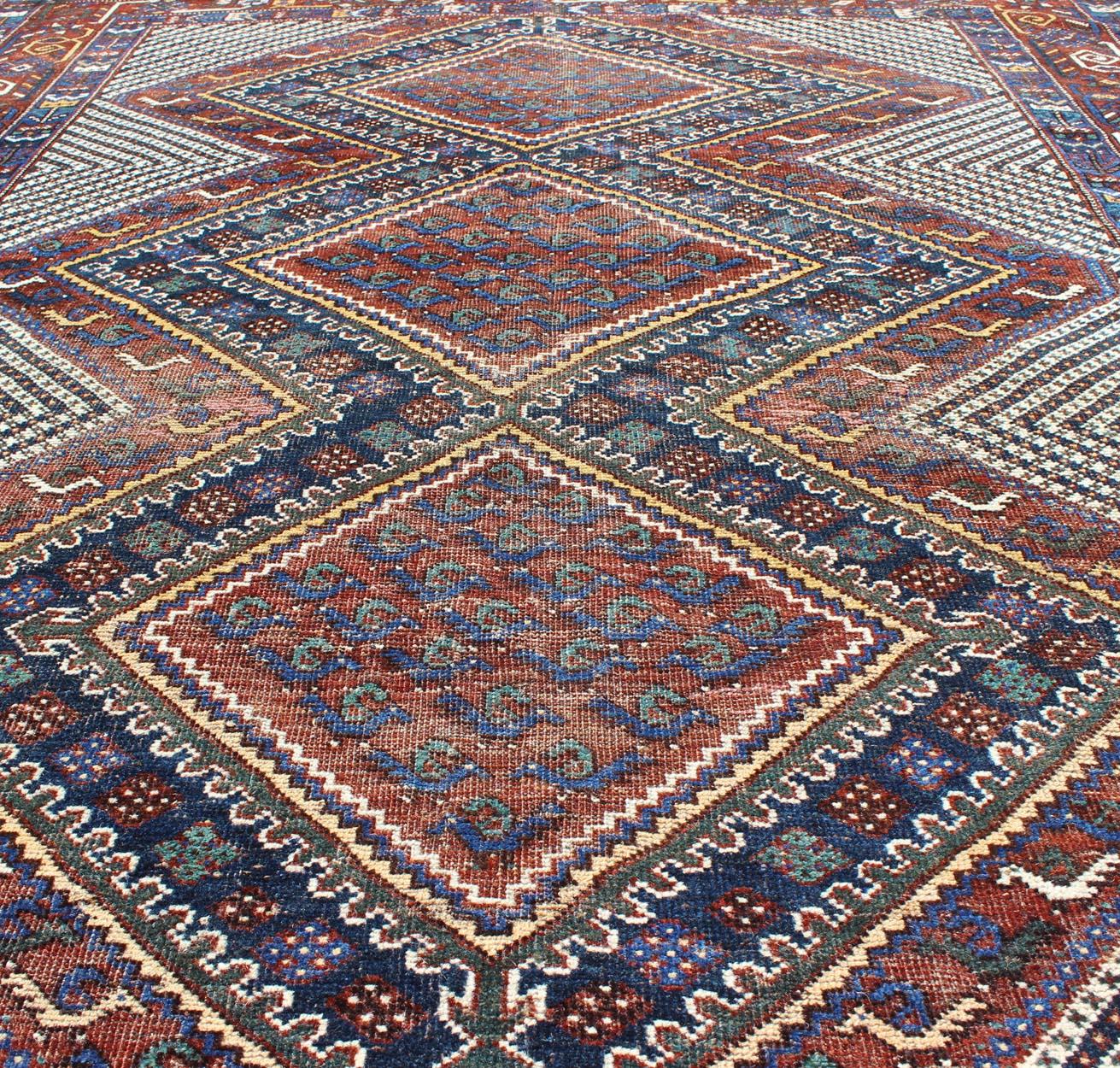 Tri-Medallion Antique Persian Afshar Rug in Colorful Tones of Red, Blue, Green For Sale 3