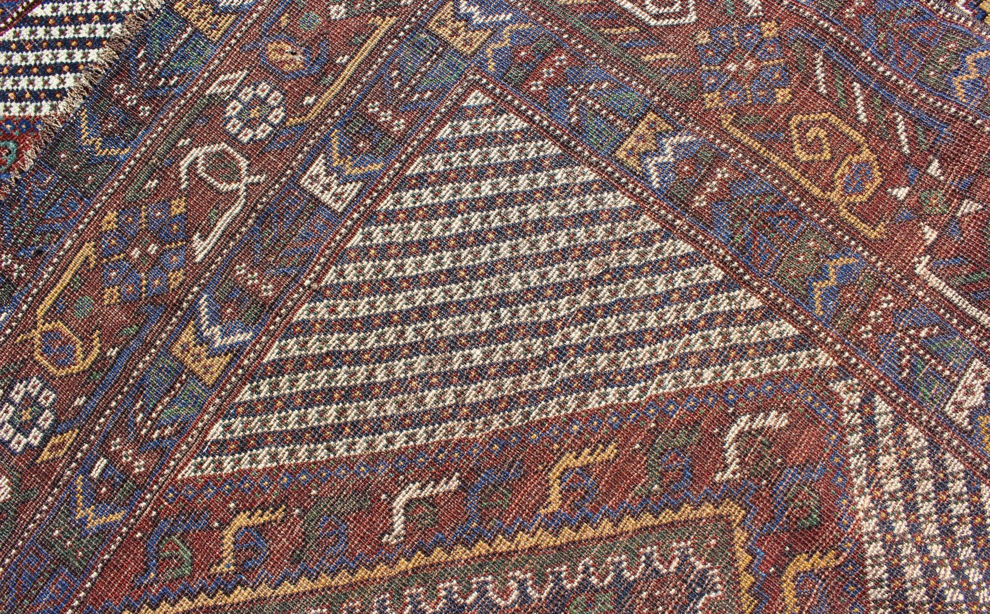 Tri-Medallion Antique Persian Afshar Rug in Colorful Tones of Red, Blue, Green For Sale 4